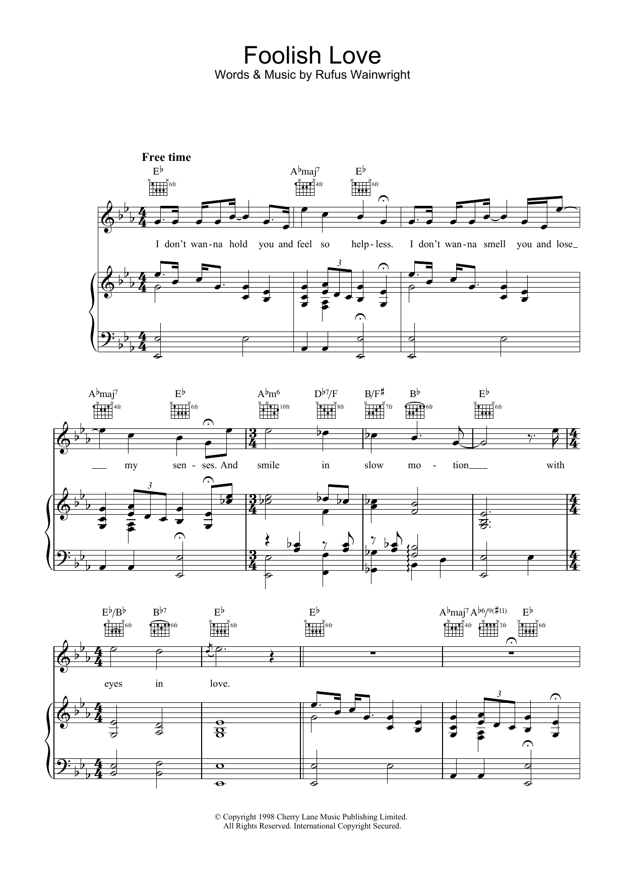 Rufus Wainwright Foolish Love sheet music notes and chords arranged for Piano, Vocal & Guitar Chords