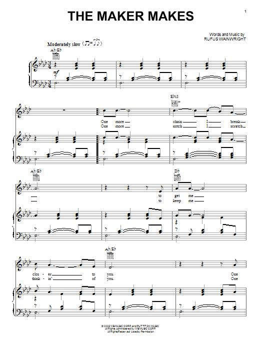 Rufus Wainwright The Maker Makes sheet music notes and chords arranged for Piano, Vocal & Guitar Chords (Right-Hand Melody)