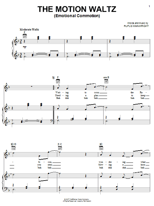 Rufus Wainwright The Motion Waltz (Emotional Commotion) sheet music notes and chords arranged for Piano, Vocal & Guitar Chords (Right-Hand Melody)
