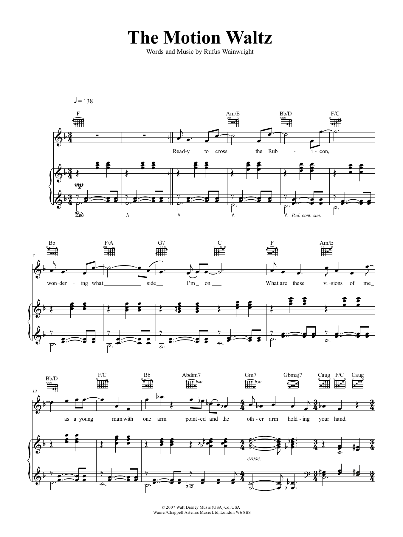 Rufus Wainwright The Motion Waltz sheet music notes and chords arranged for Piano, Vocal & Guitar Chords (Right-Hand Melody)