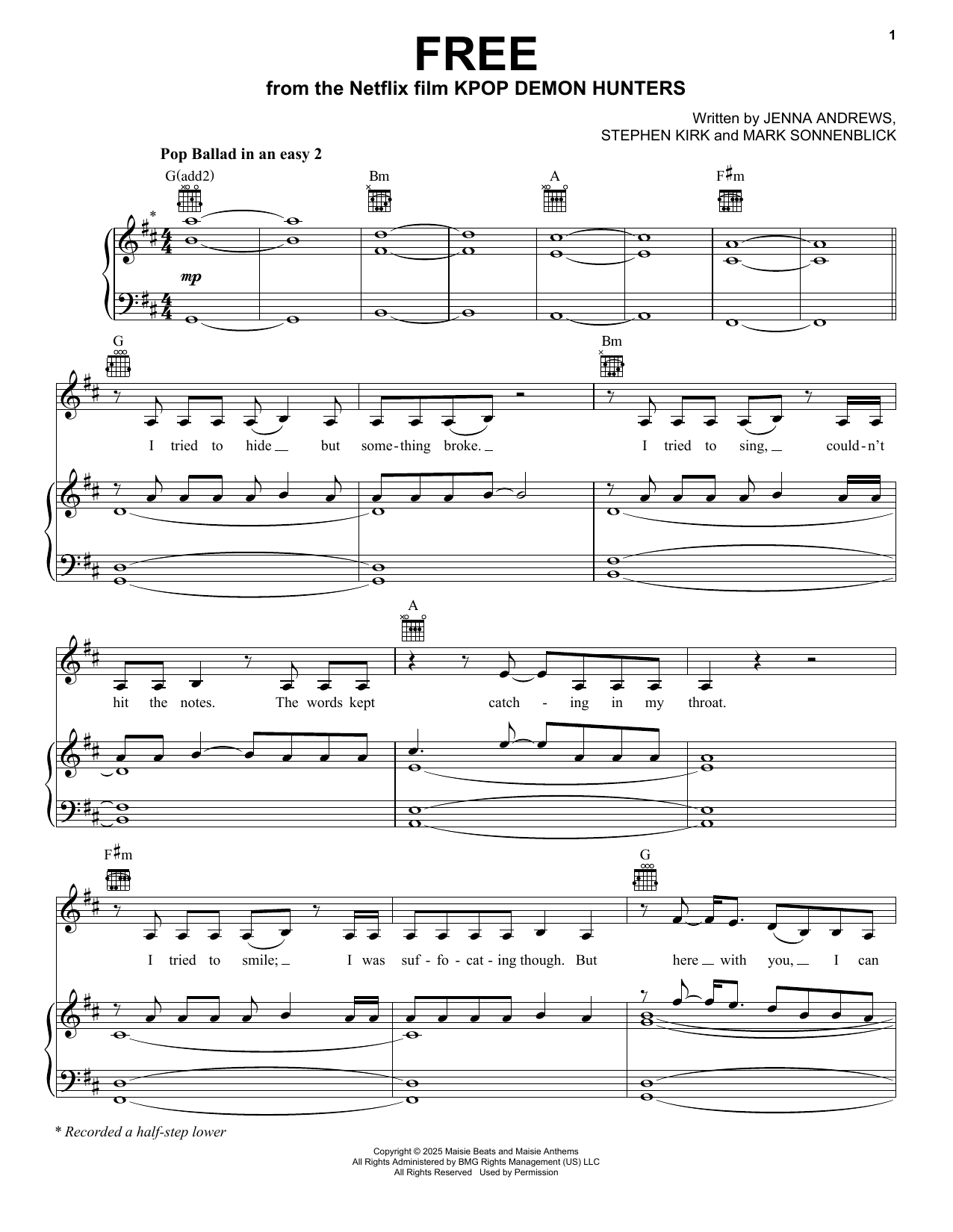 Rumi, Jinu, EJAE, and Andrew Choi Free (from KPop Demon Hunters) sheet music notes and chords arranged for Piano, Vocal & Guitar Chords (Right-Hand Melody)