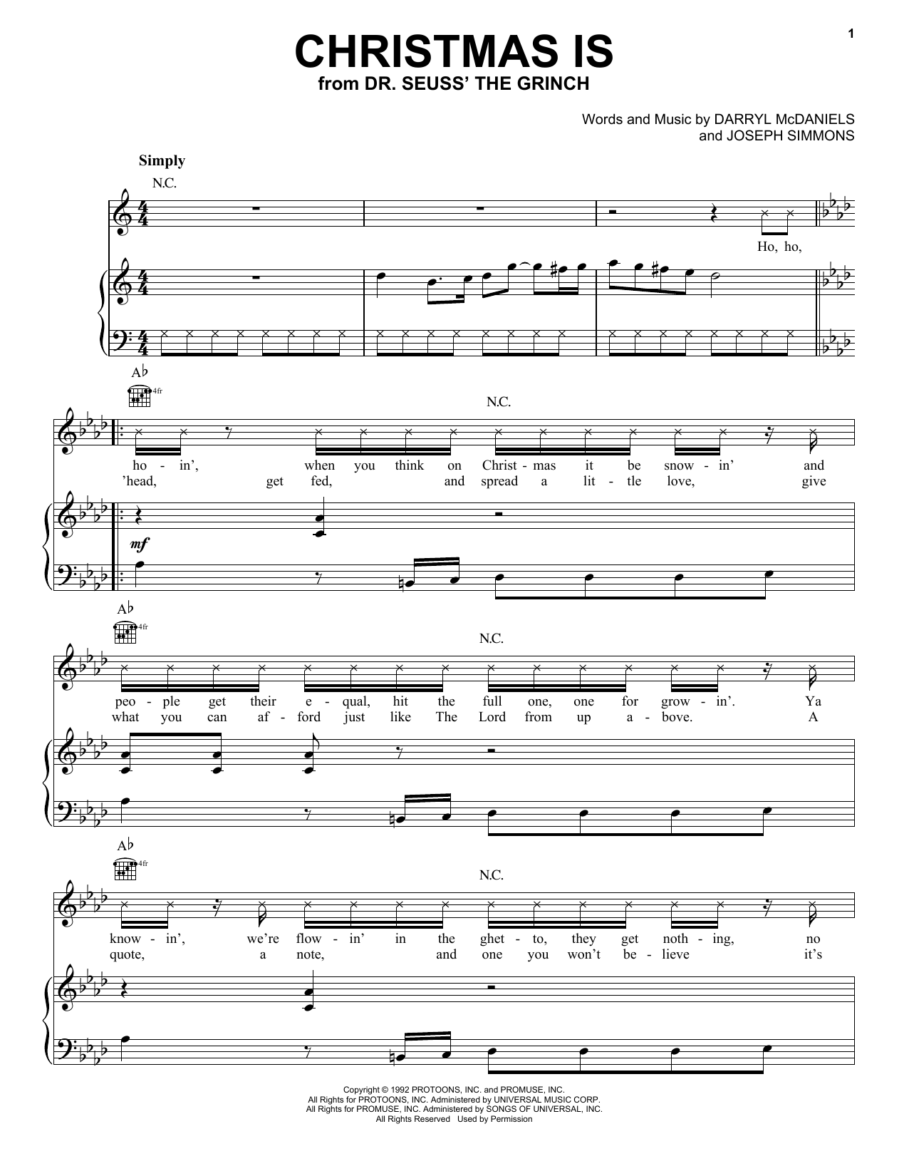 Run DMC Christmas Is (from The Grinch) sheet music notes and chords arranged for Piano, Vocal & Guitar Chords (Right-Hand Melody)