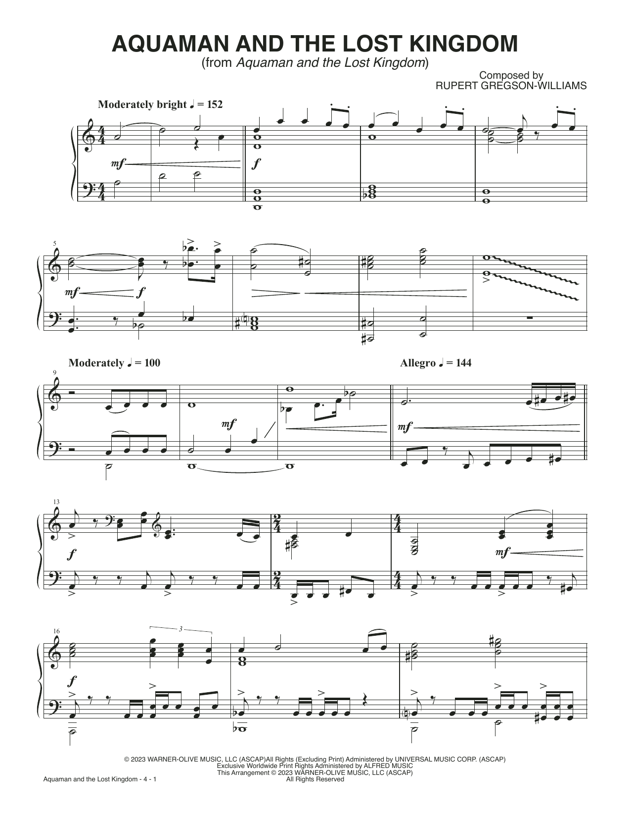Rupert Gregson-Williams Aquaman And The Lost Kingdom sheet music notes and chords arranged for Piano Solo