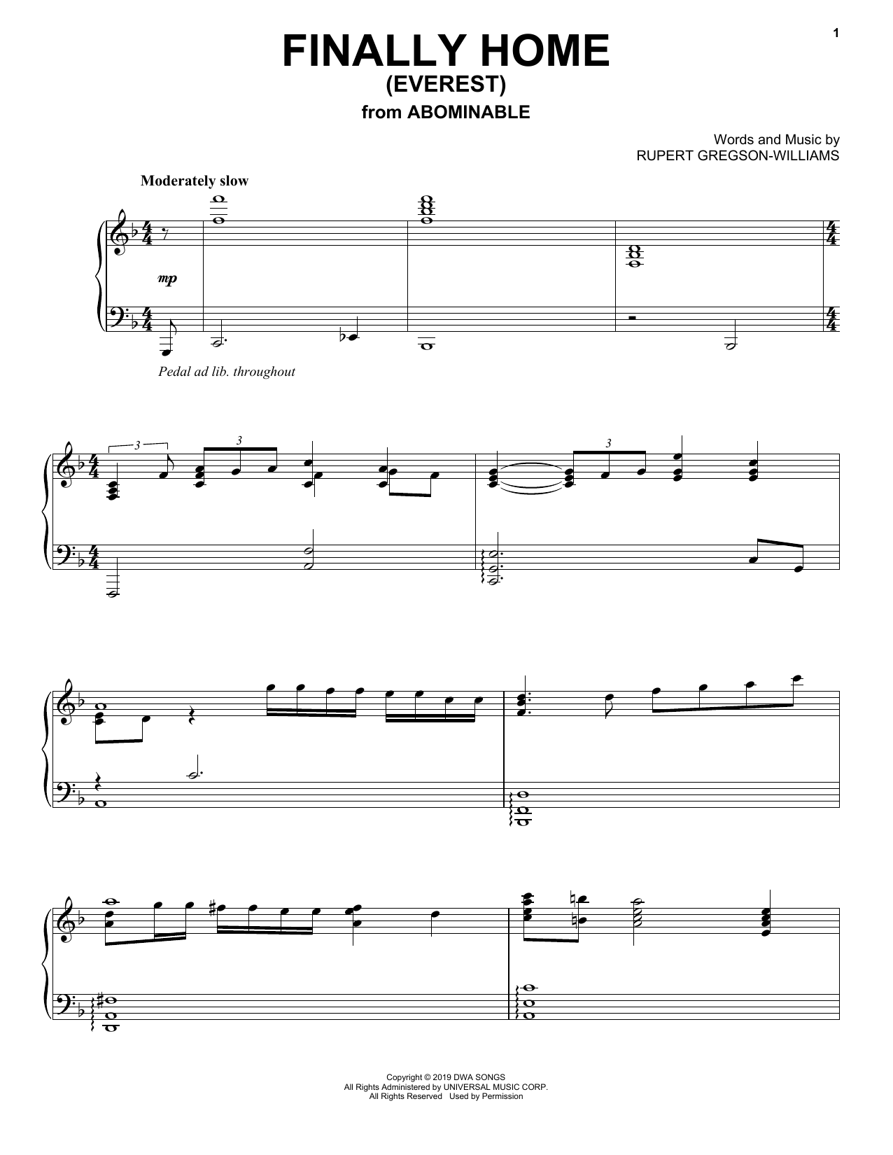 Rupert Gregson-Williams Finally Home (Everest) (from the Motion Picture Abominable) sheet music notes and chords arranged for Piano Solo