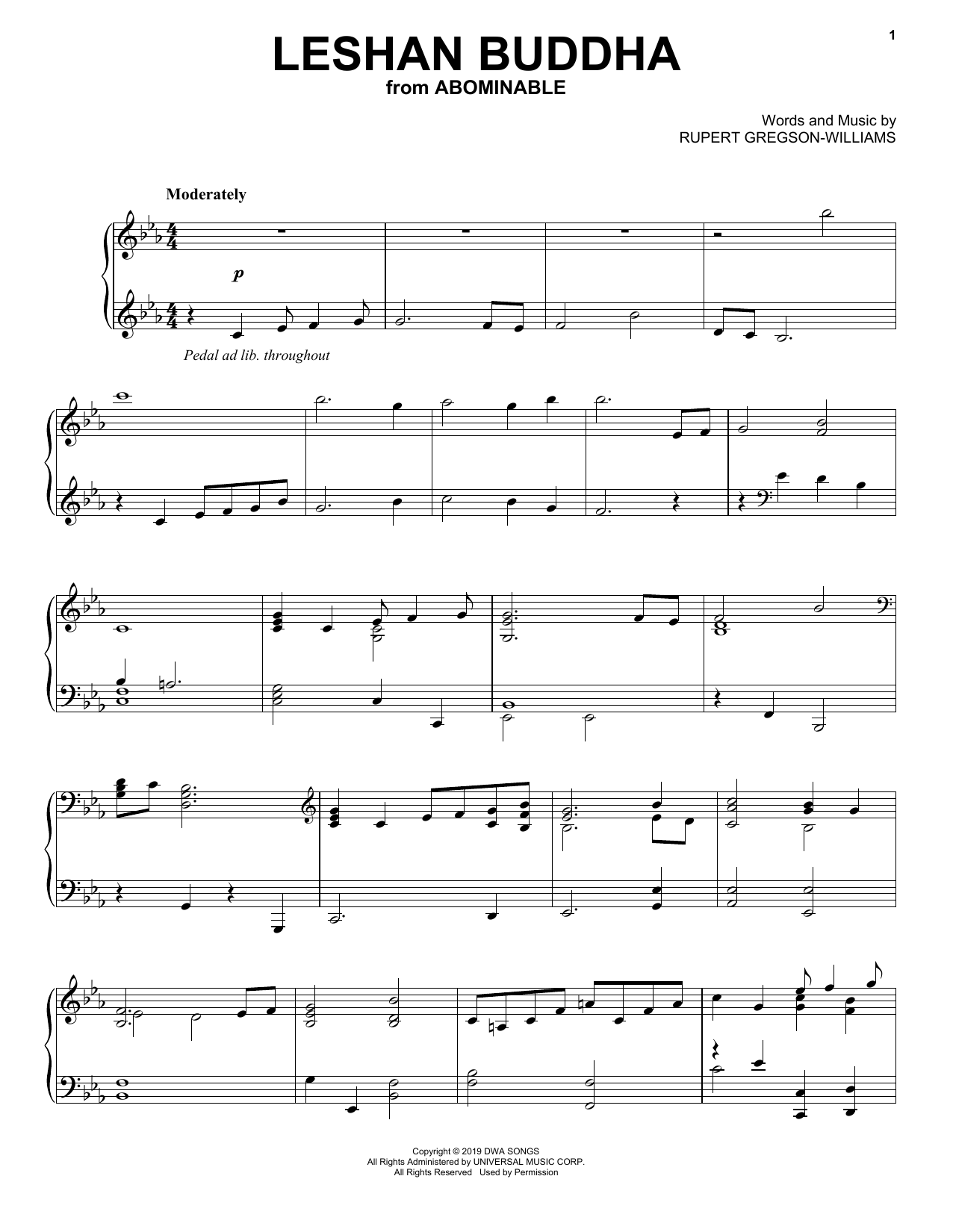 Rupert Gregson-Williams Leshan Buddha (from the Motion Picture Abominable) sheet music notes and chords arranged for Piano Solo