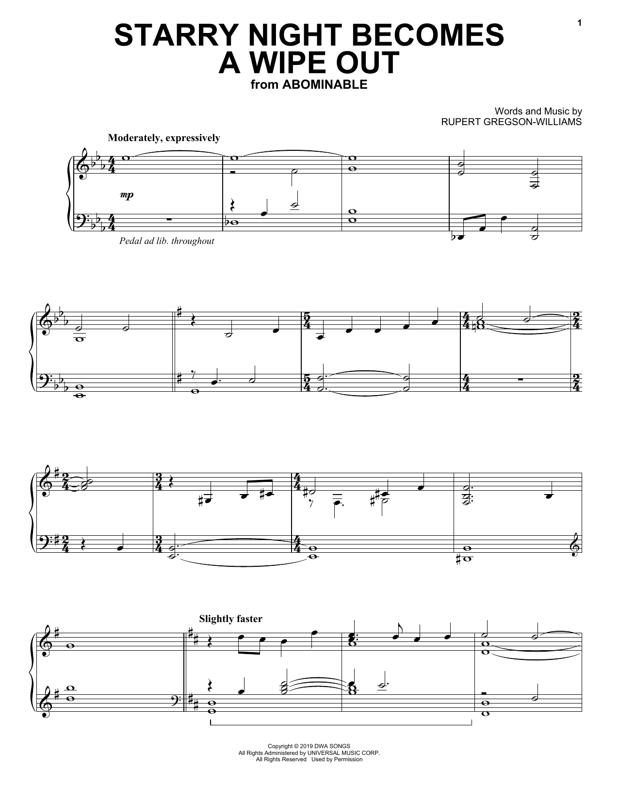 Rupert Gregson-Williams Starry Night Becomes A Wipe Out (from the Motion Picture Abominable) sheet music notes and chords arranged for Piano Solo