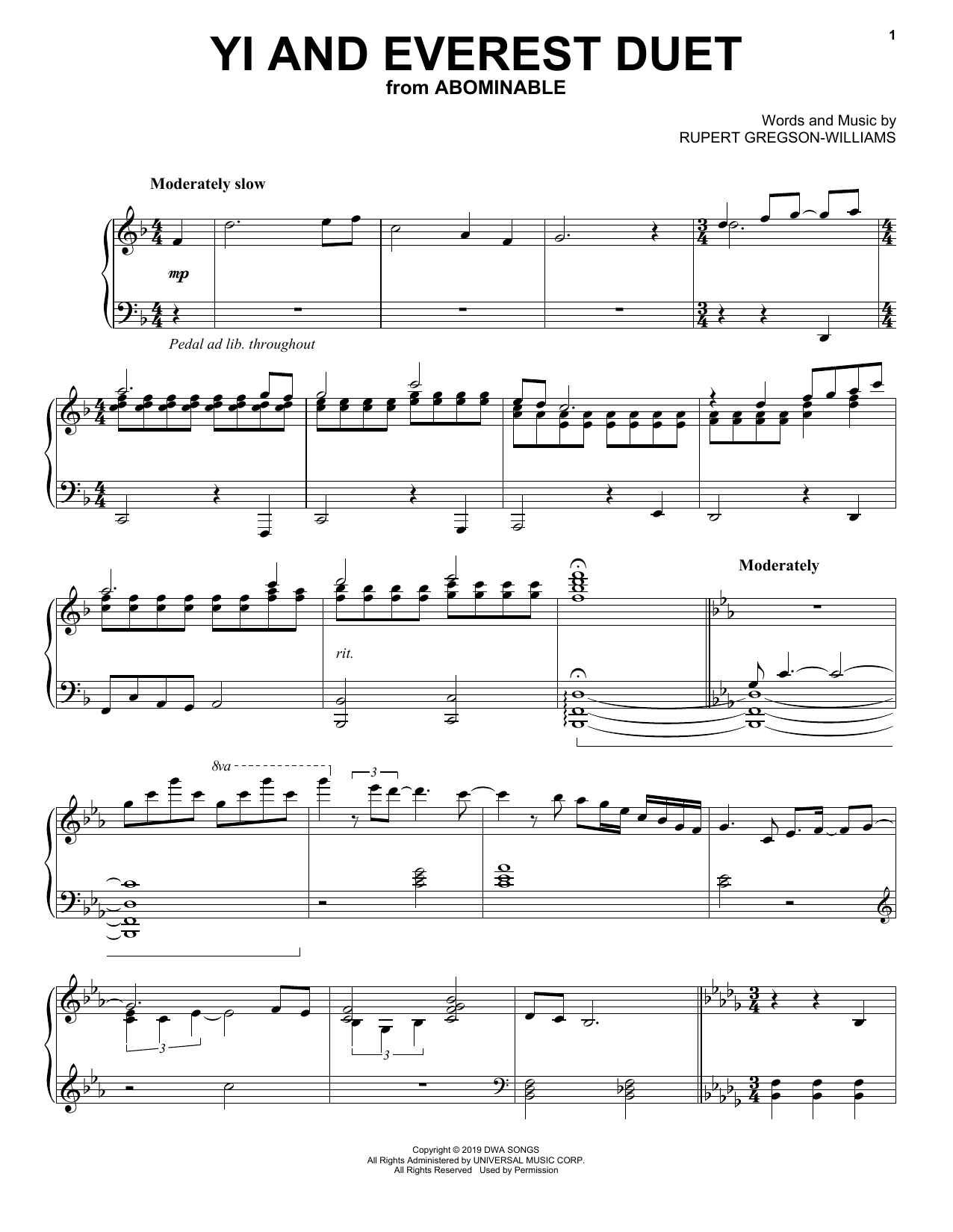Rupert Gregson-Williams Yi And Everest Duet (from the Motion Picture Abominable) sheet music notes and chords arranged for Piano Solo