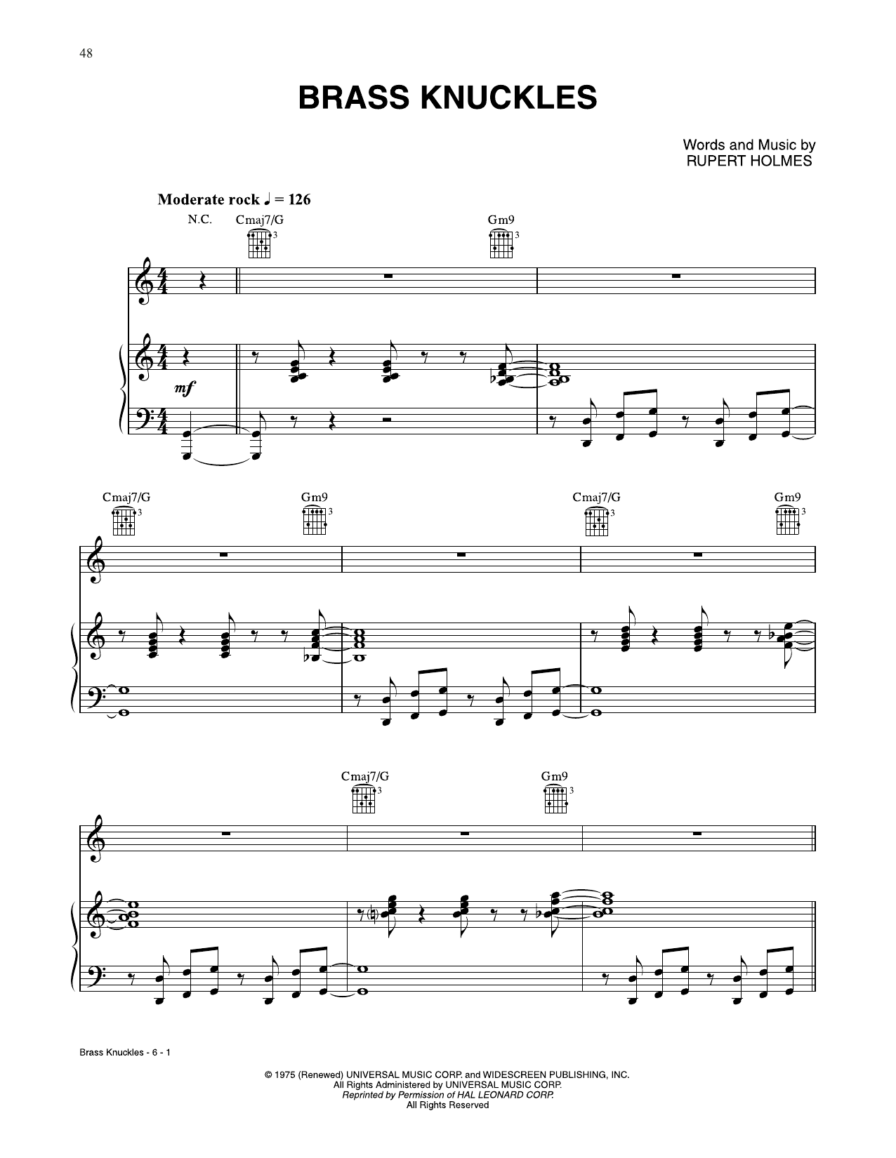 Rupert Holmes Brass Knuckles sheet music notes and chords arranged for Piano, Vocal & Guitar Chords (Right-Hand Melody)