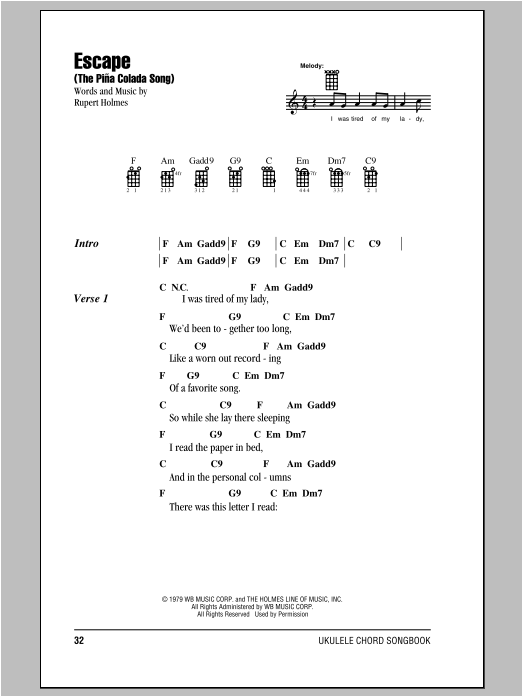 Rupert Holmes Escape (The Piña Colada Song) sheet music notes and chords arranged for Ukulele Chords/Lyrics