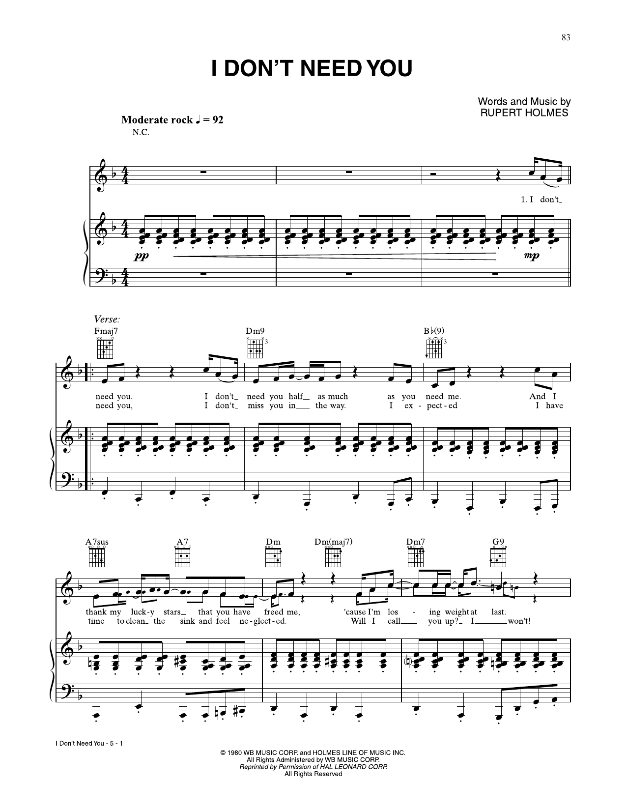 Rupert Holmes I Don't Need You sheet music notes and chords arranged for Piano, Vocal & Guitar Chords (Right-Hand Melody)