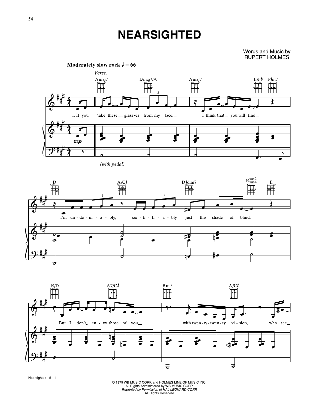Rupert Holmes Nearsighted sheet music notes and chords arranged for Piano, Vocal & Guitar Chords (Right-Hand Melody)