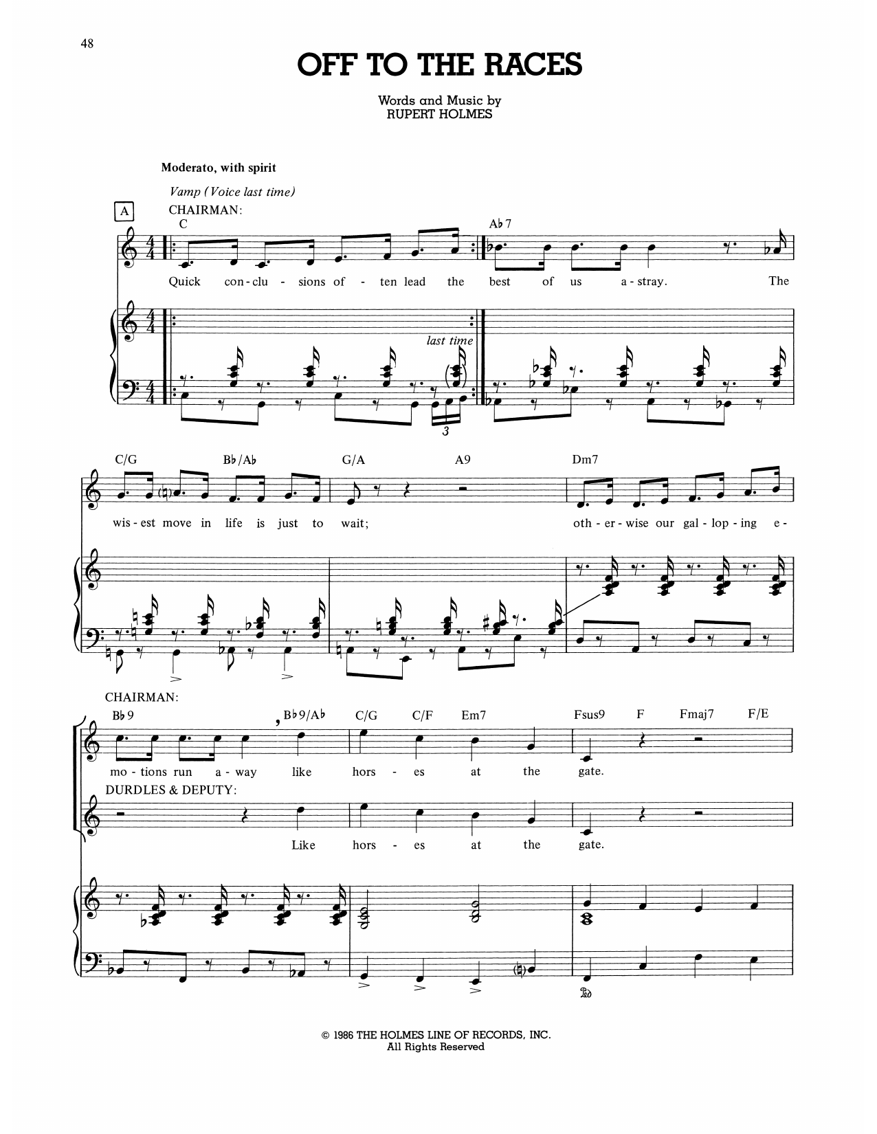 Rupert Holmes Off To The Races (from The Mystery Of Edwin Drood) sheet music notes and chords arranged for Piano, Vocal & Guitar Chords (Right-Hand Melody)