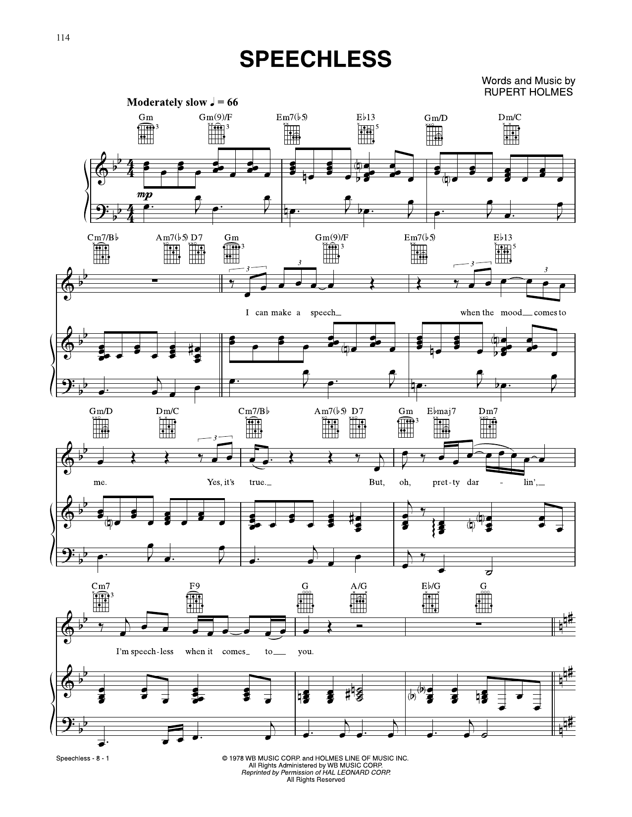 Rupert Holmes Speechless sheet music notes and chords arranged for Piano, Vocal & Guitar Chords (Right-Hand Melody)
