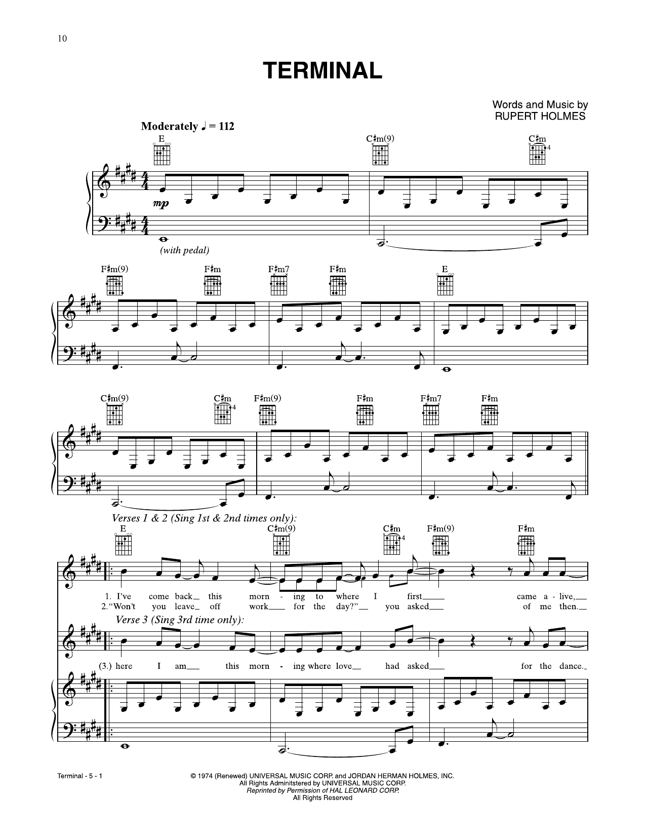 Rupert Holmes Terminal sheet music notes and chords arranged for Piano, Vocal & Guitar Chords (Right-Hand Melody)