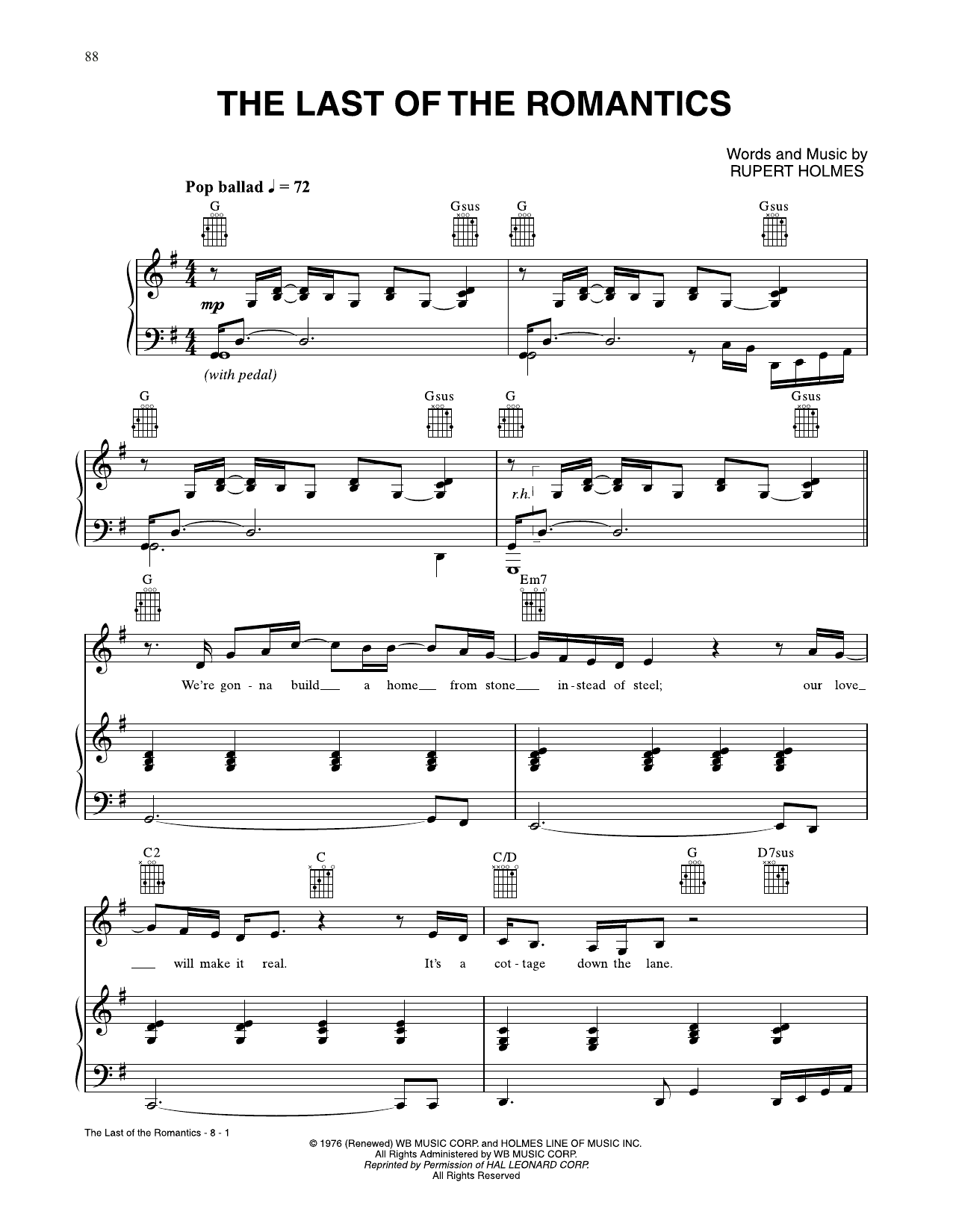 Rupert Holmes The Last Of The Romantics sheet music notes and chords arranged for Piano, Vocal & Guitar Chords (Right-Hand Melody)
