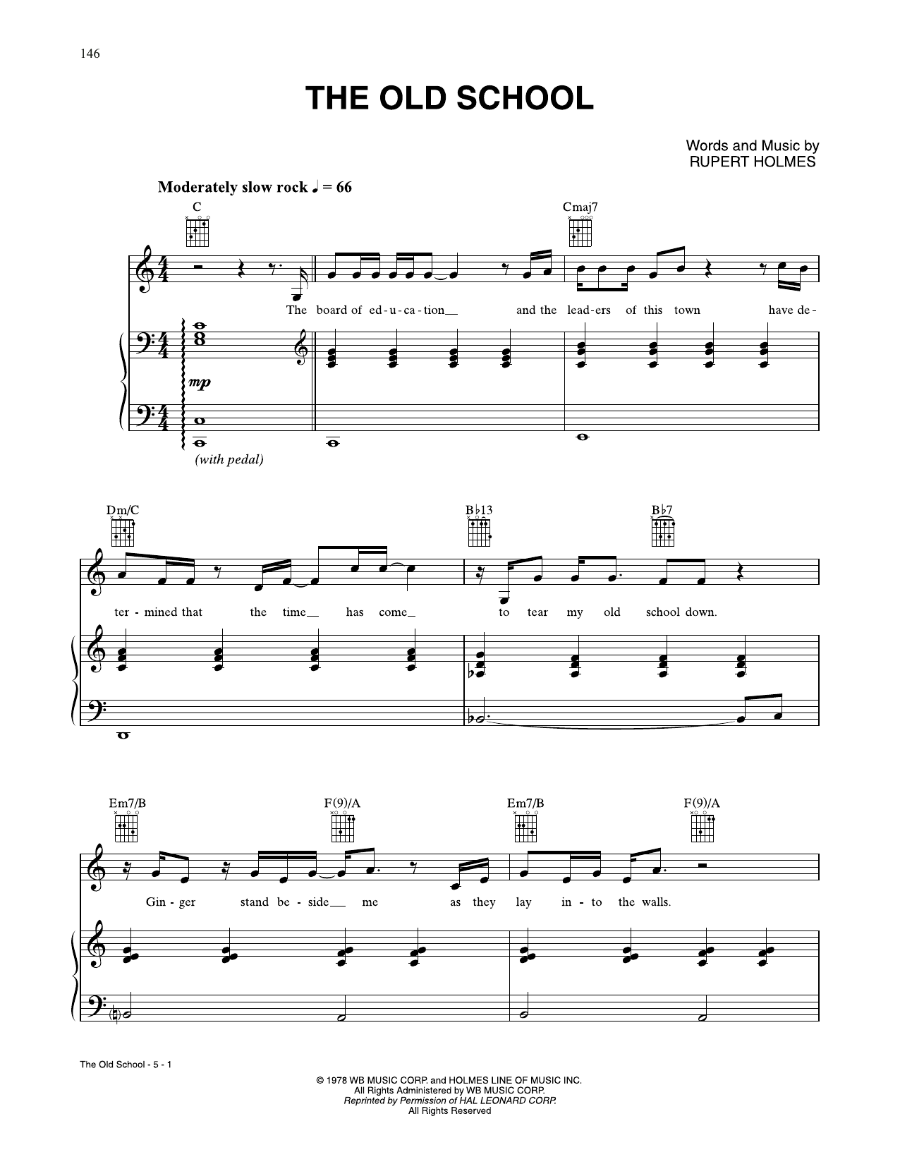 Rupert Holmes The Old School sheet music notes and chords arranged for Piano, Vocal & Guitar Chords (Right-Hand Melody)