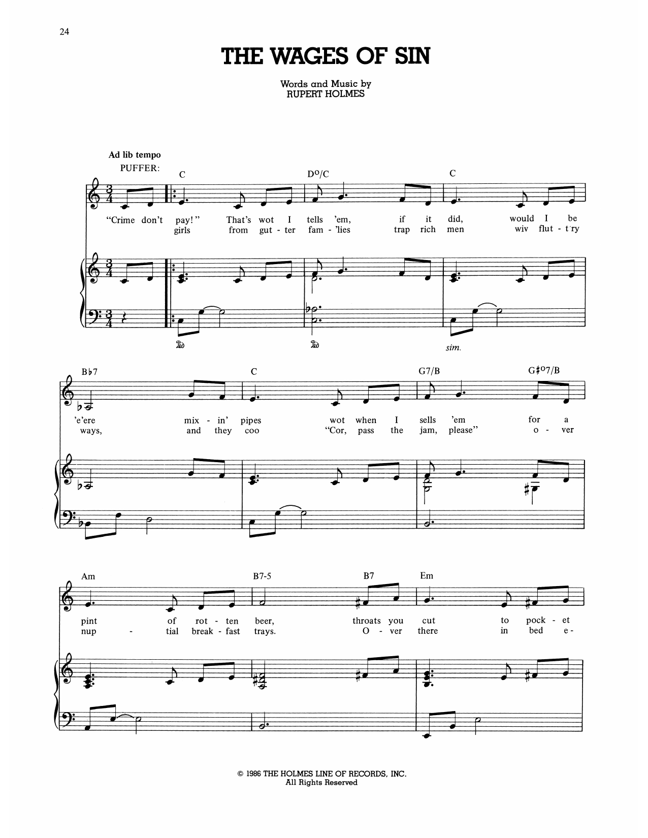 Rupert Holmes The Wages Of Sin (from The Mystery Of Edwin Drood) sheet music notes and chords arranged for Piano, Vocal & Guitar Chords (Right-Hand Melody)