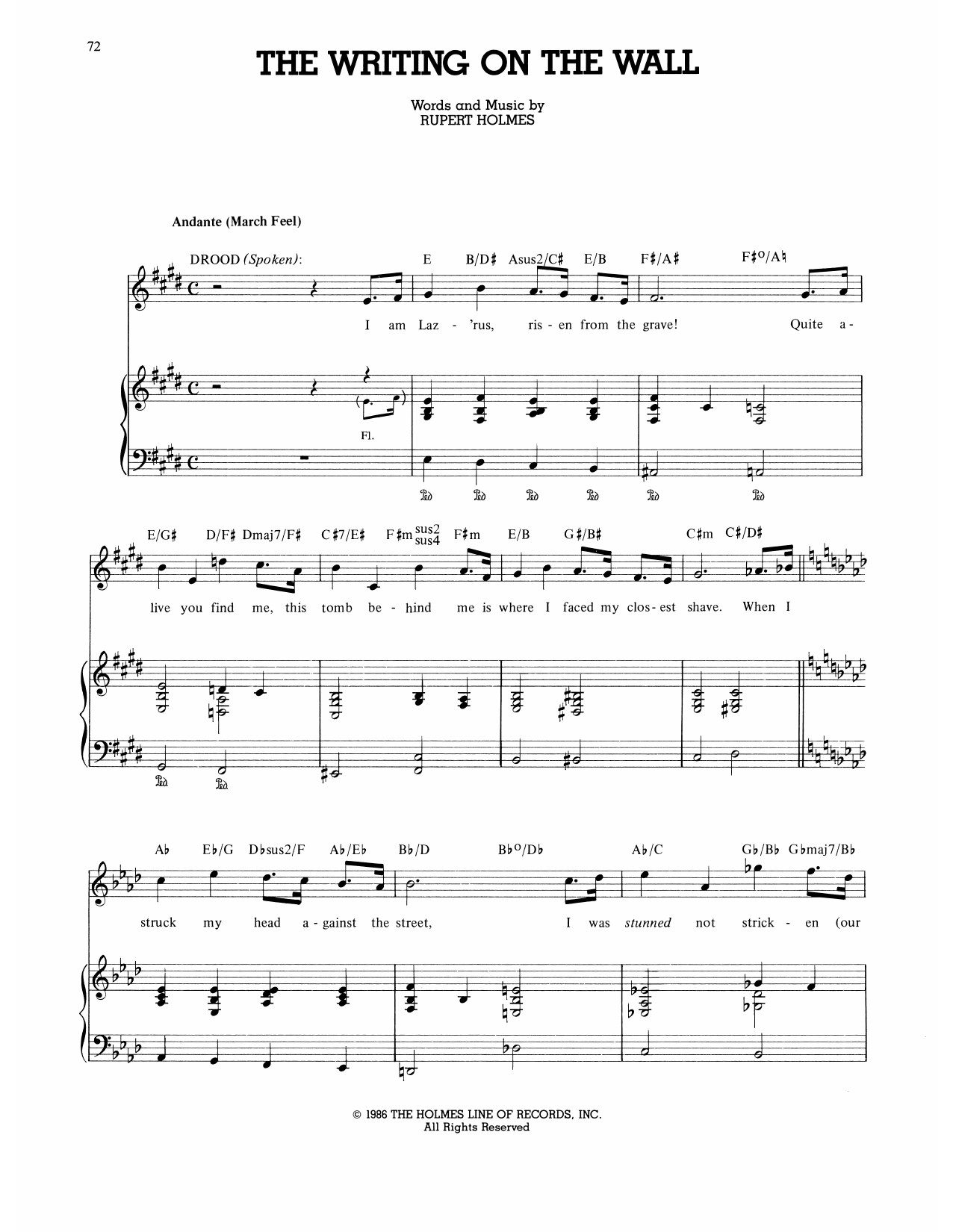 Rupert Holmes The Writing On The Wall (from The Mystery Of Edwin Drood) sheet music notes and chords arranged for Piano, Vocal & Guitar Chords (Right-Hand Melody)