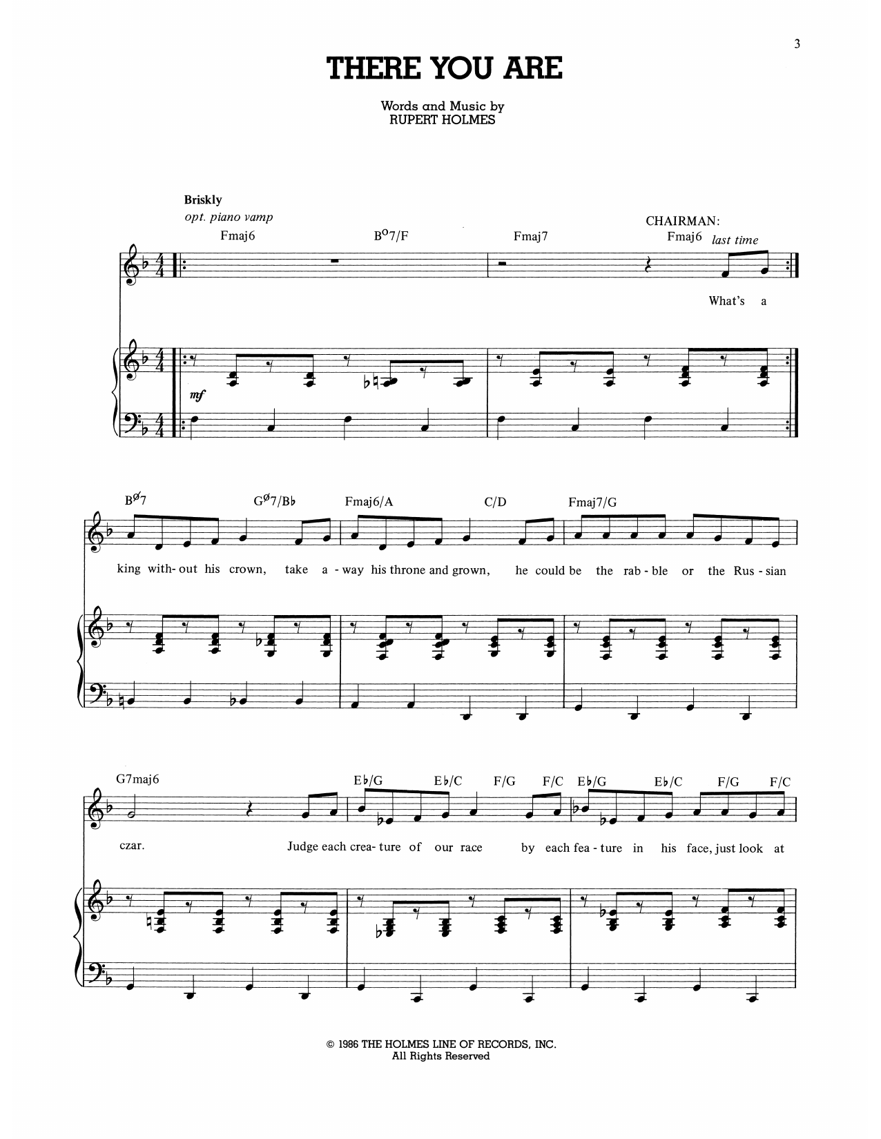 Rupert Holmes There You Are (from The Mystery of Edwin Drood) sheet music notes and chords arranged for Piano, Vocal & Guitar Chords (Right-Hand Melody)