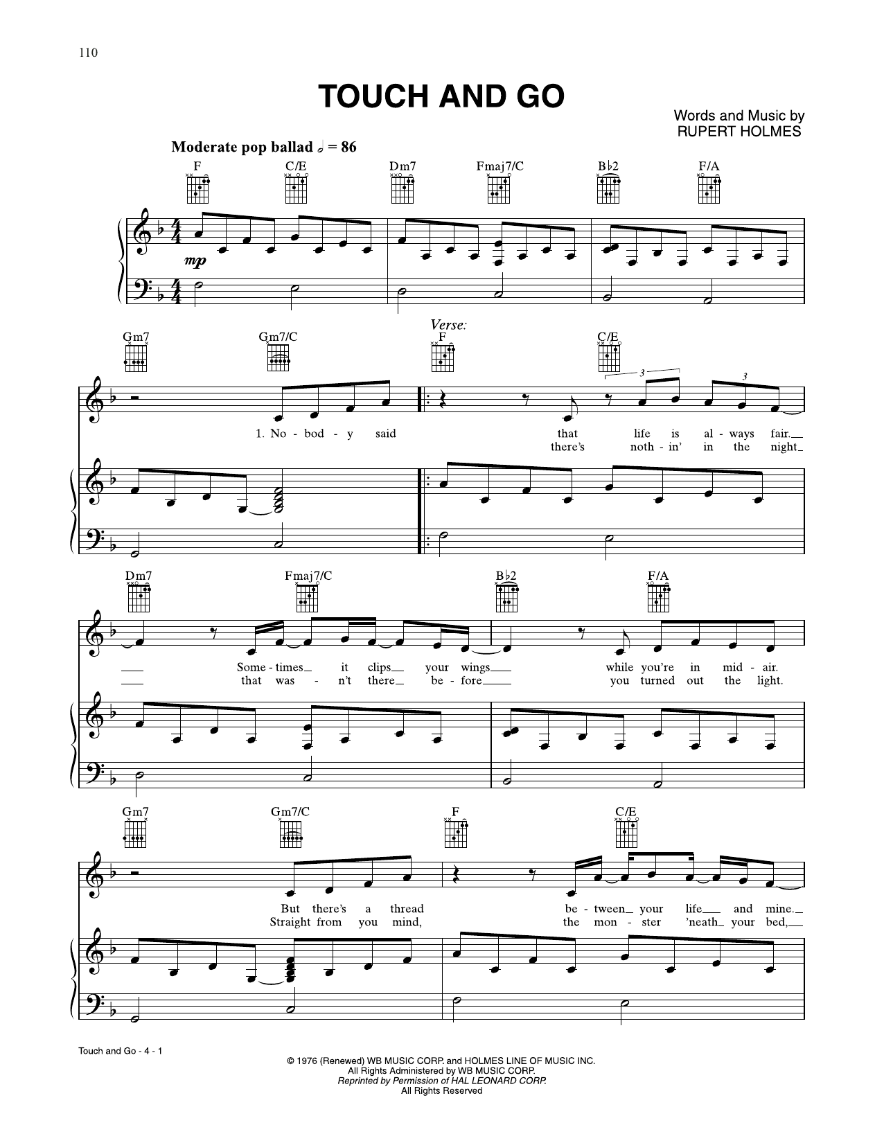 Rupert Holmes Touch And Go sheet music notes and chords arranged for Piano, Vocal & Guitar Chords (Right-Hand Melody)