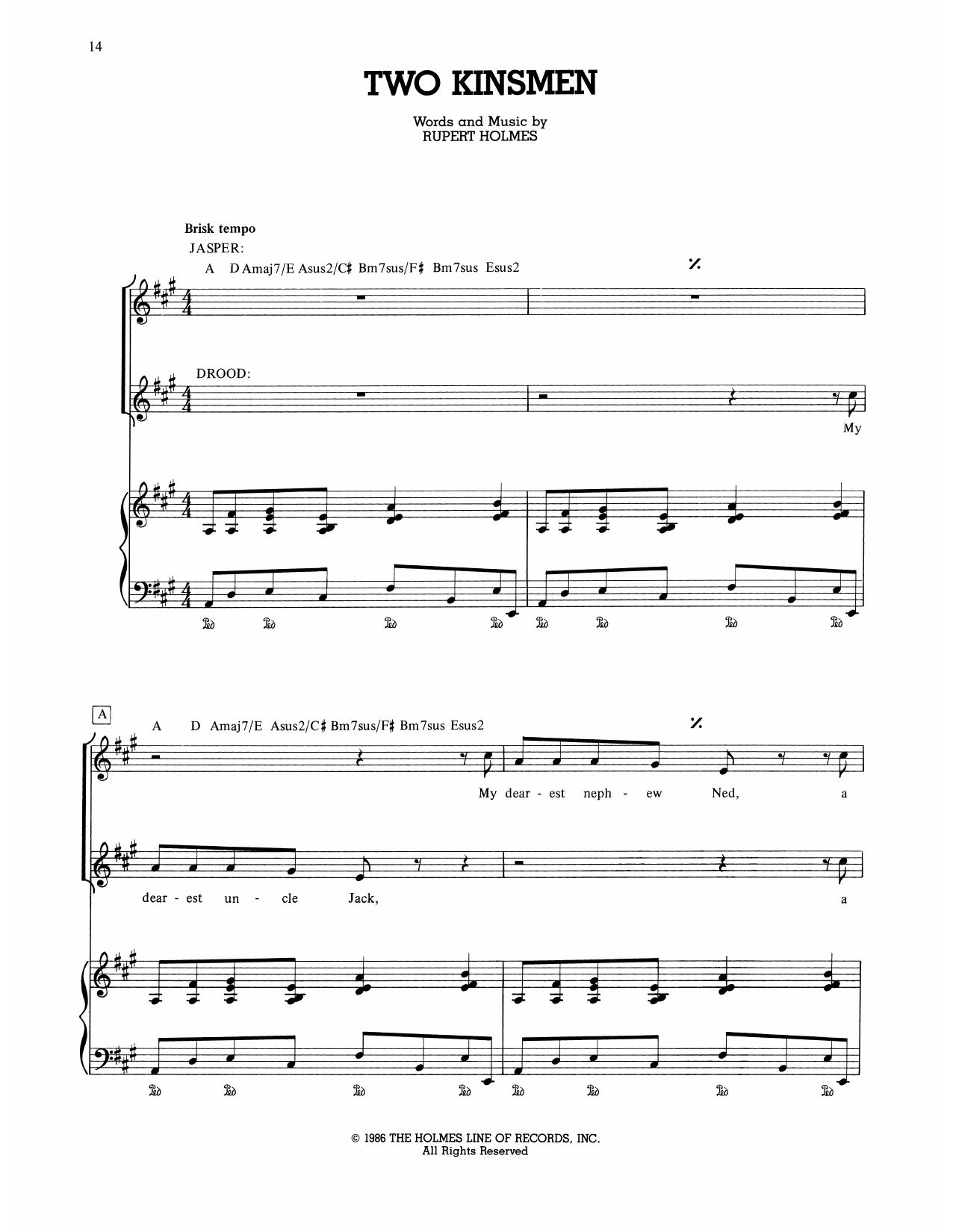 Rupert Holmes Two Kinsmen (from The Mystery Of Edwin Drood) sheet music notes and chords arranged for Piano, Vocal & Guitar Chords (Right-Hand Melody)