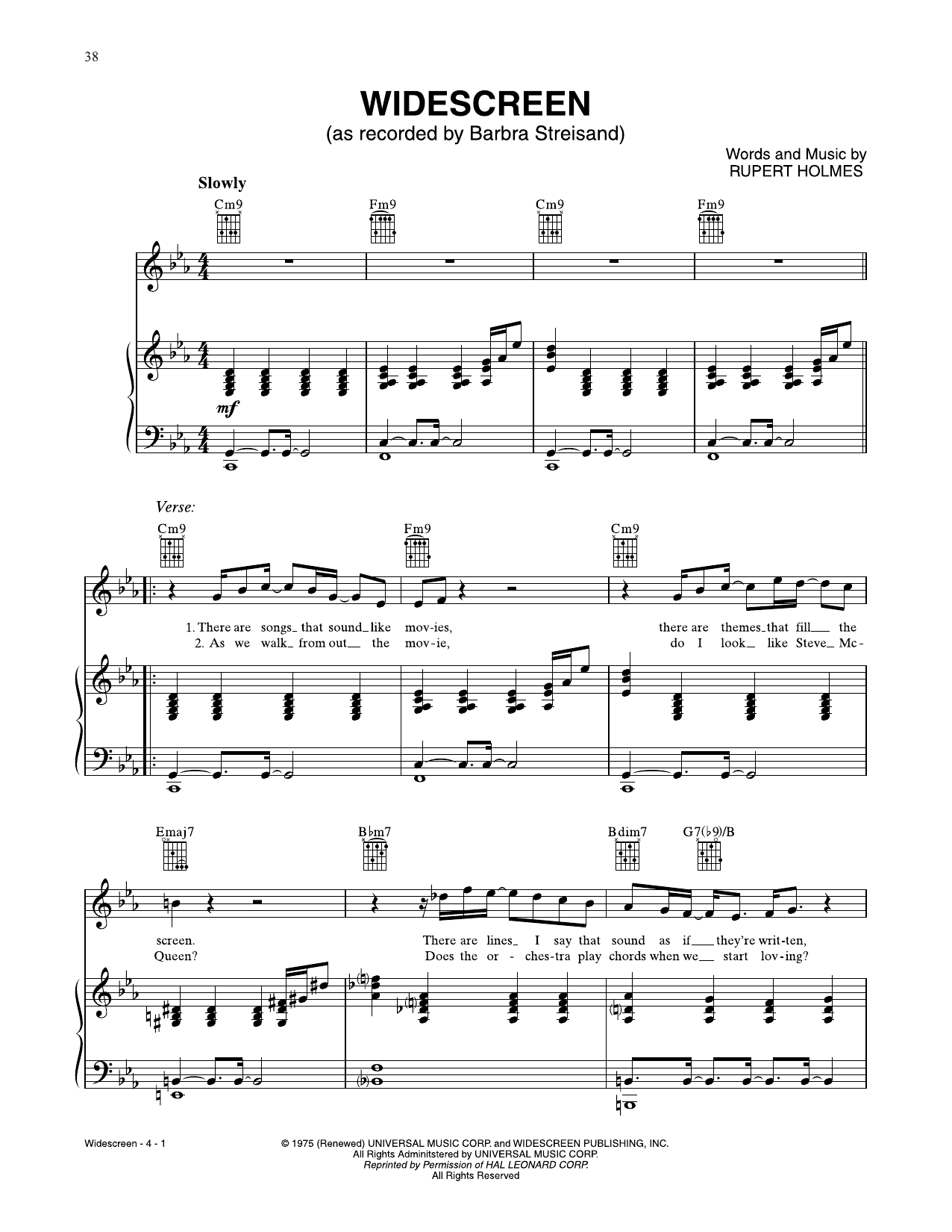 Rupert Holmes Widescreen sheet music notes and chords arranged for Piano, Vocal & Guitar Chords (Right-Hand Melody)