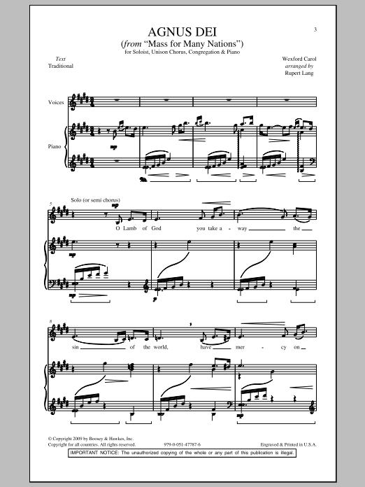 Rupert Lang Agnus Dei sheet music notes and chords arranged for Unison Choir