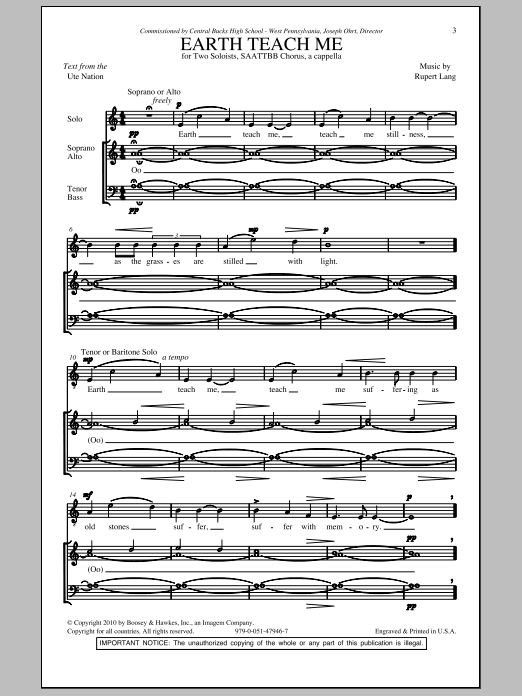 Rupert Lang Earth Teach Me sheet music notes and chords arranged for SATB Choir