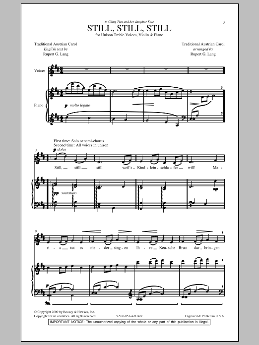 Rupert Lang Still, Still, Still sheet music notes and chords arranged for Unison Choir