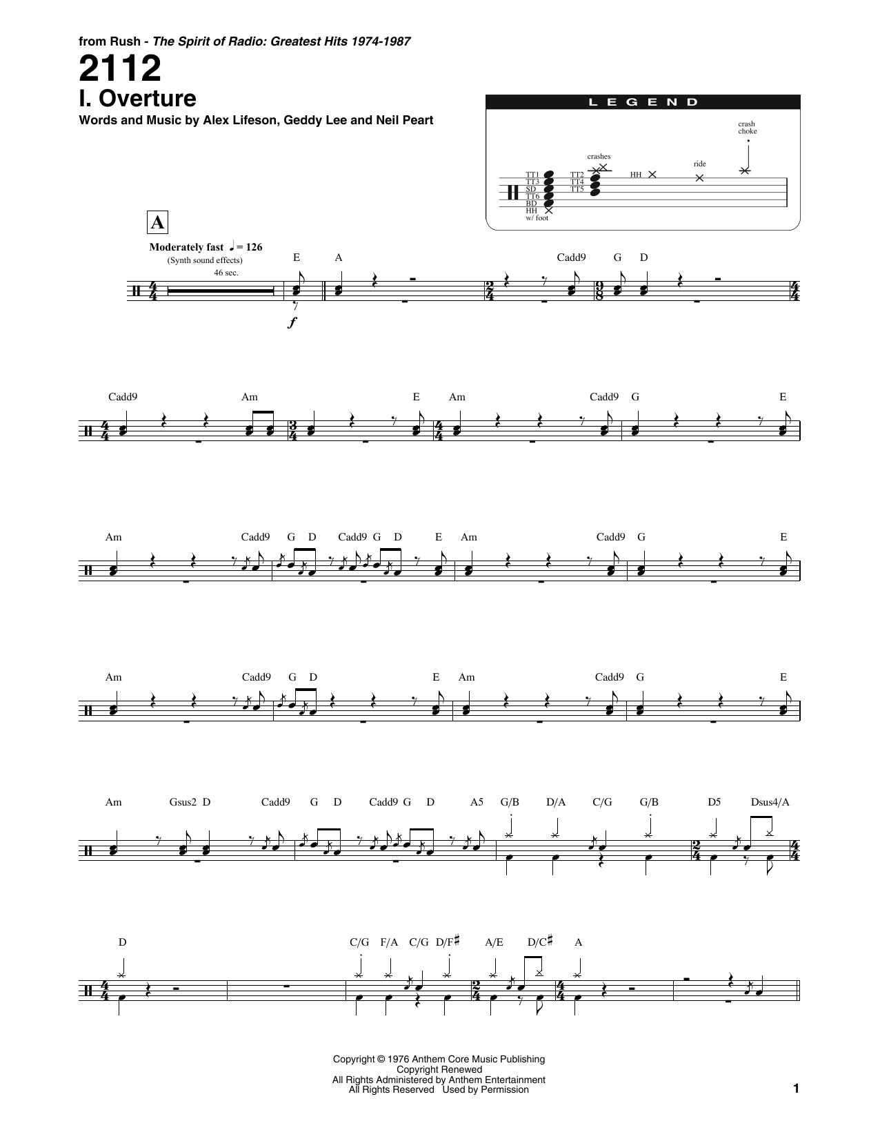 Rush 2112 - I. Overture sheet music notes and chords arranged for Drums Transcription