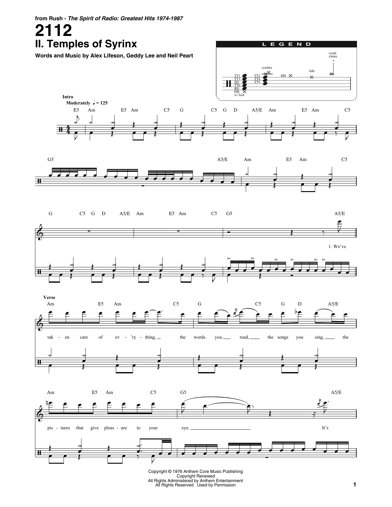 Rush 2112 - II. The Temples Of Syrinx sheet music notes and chords arranged for Drums Transcription