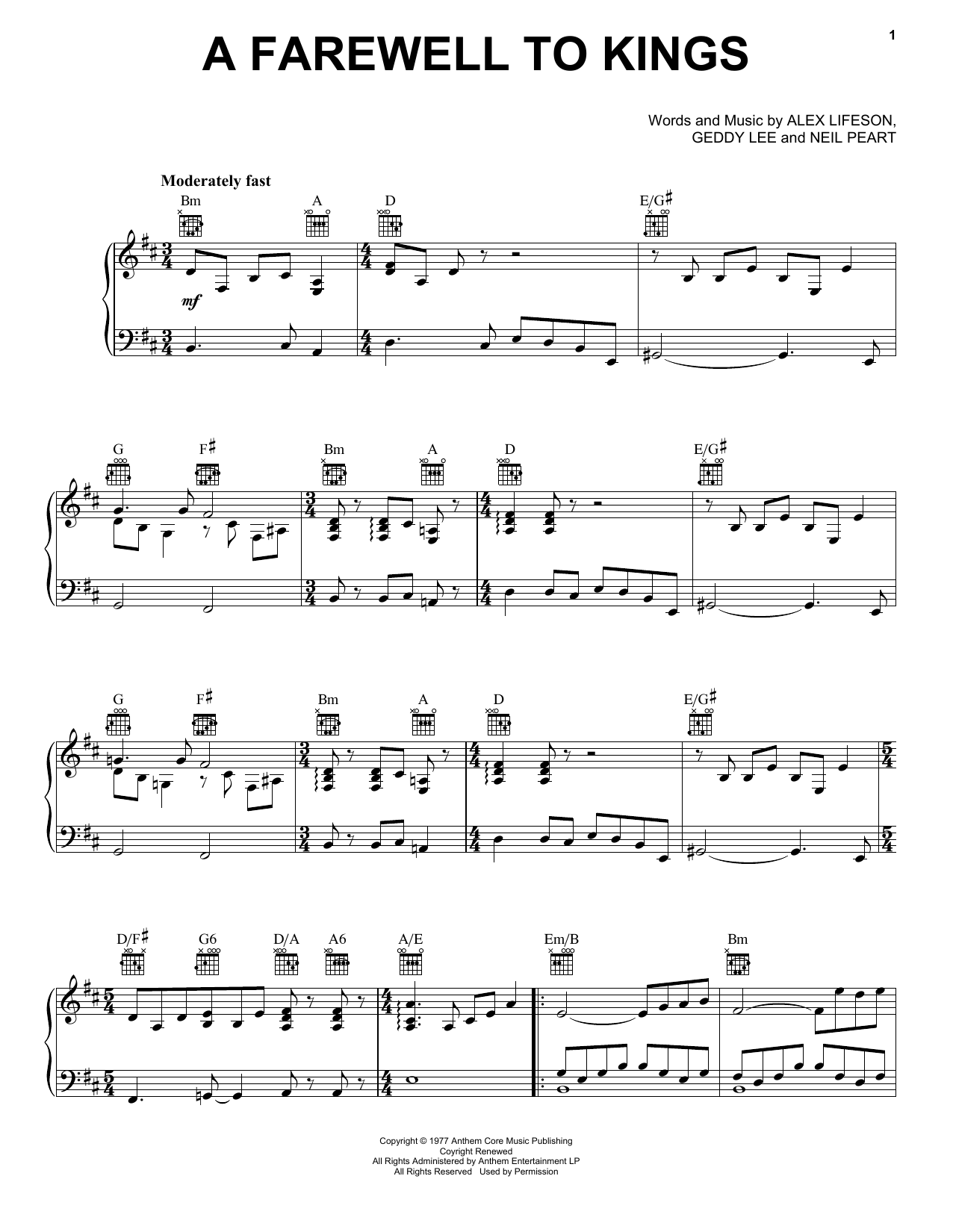 Rush A Farewell To Kings sheet music notes and chords arranged for Piano, Vocal & Guitar Chords (Right-Hand Melody)