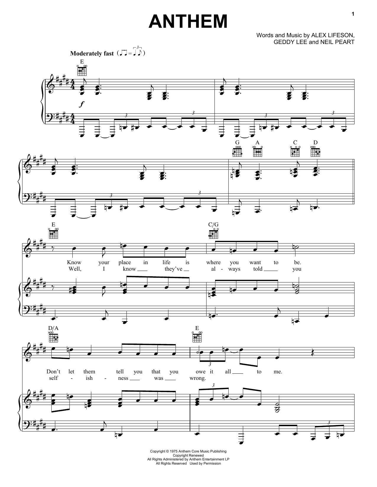Rush Anthem sheet music notes and chords arranged for Piano, Vocal & Guitar Chords (Right-Hand Melody)