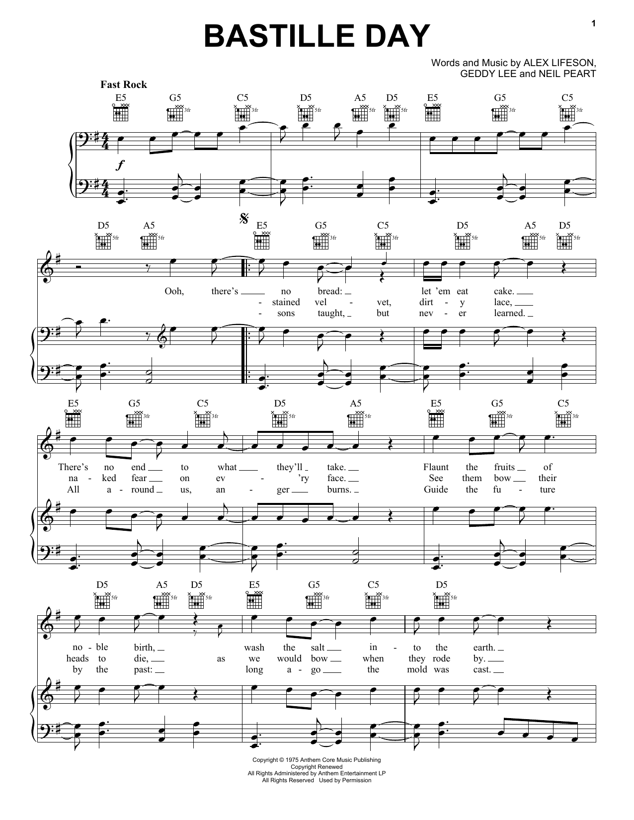 Rush Bastille Day sheet music notes and chords arranged for Piano, Vocal & Guitar Chords (Right-Hand Melody)