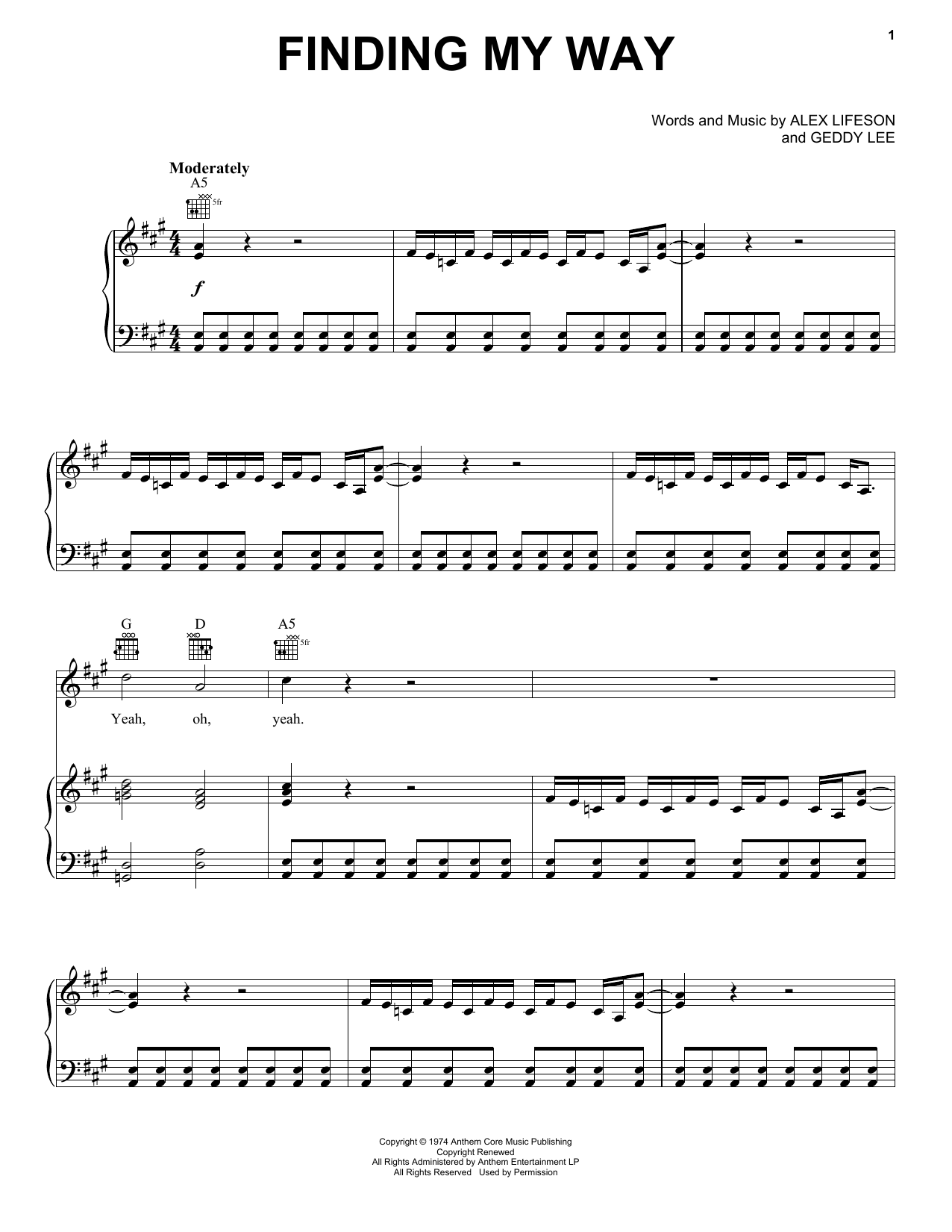 Rush Finding My Way sheet music notes and chords arranged for Piano, Vocal & Guitar Chords (Right-Hand Melody)