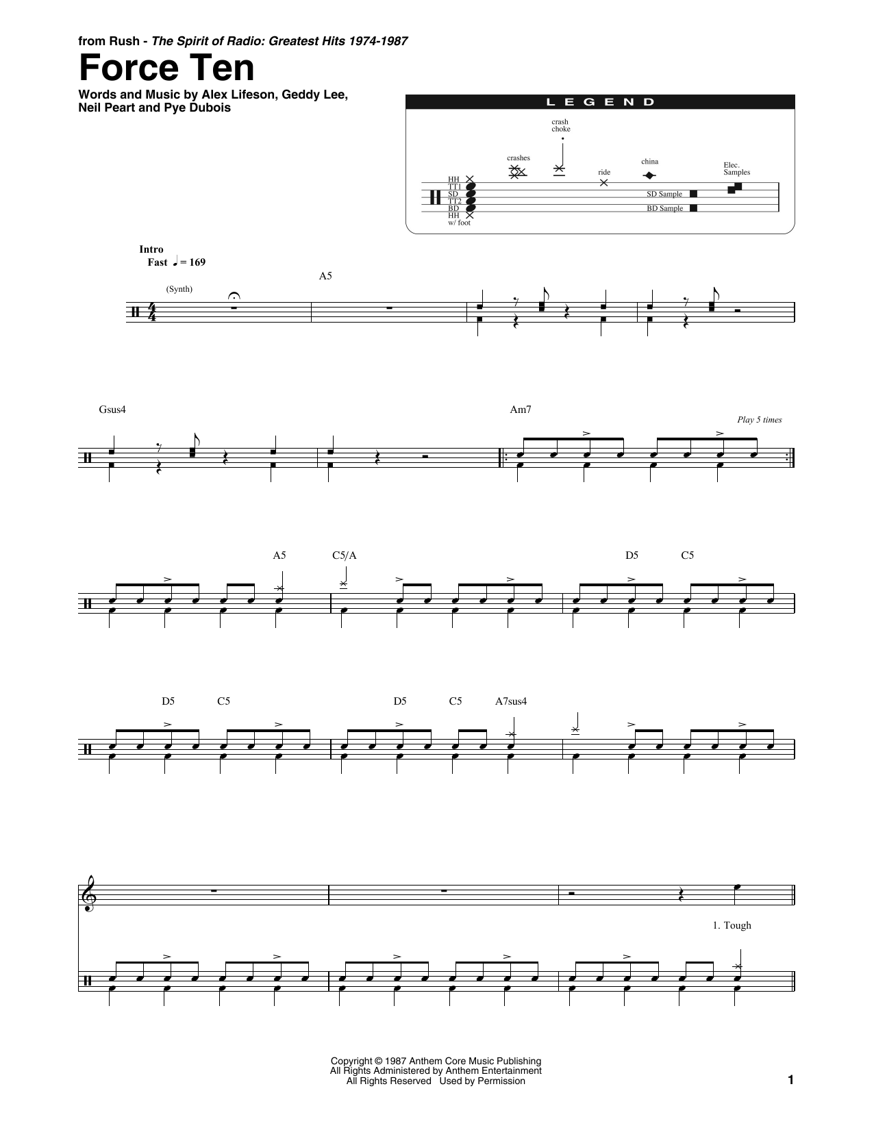 Rush Force Ten sheet music notes and chords arranged for Bass Guitar Tab