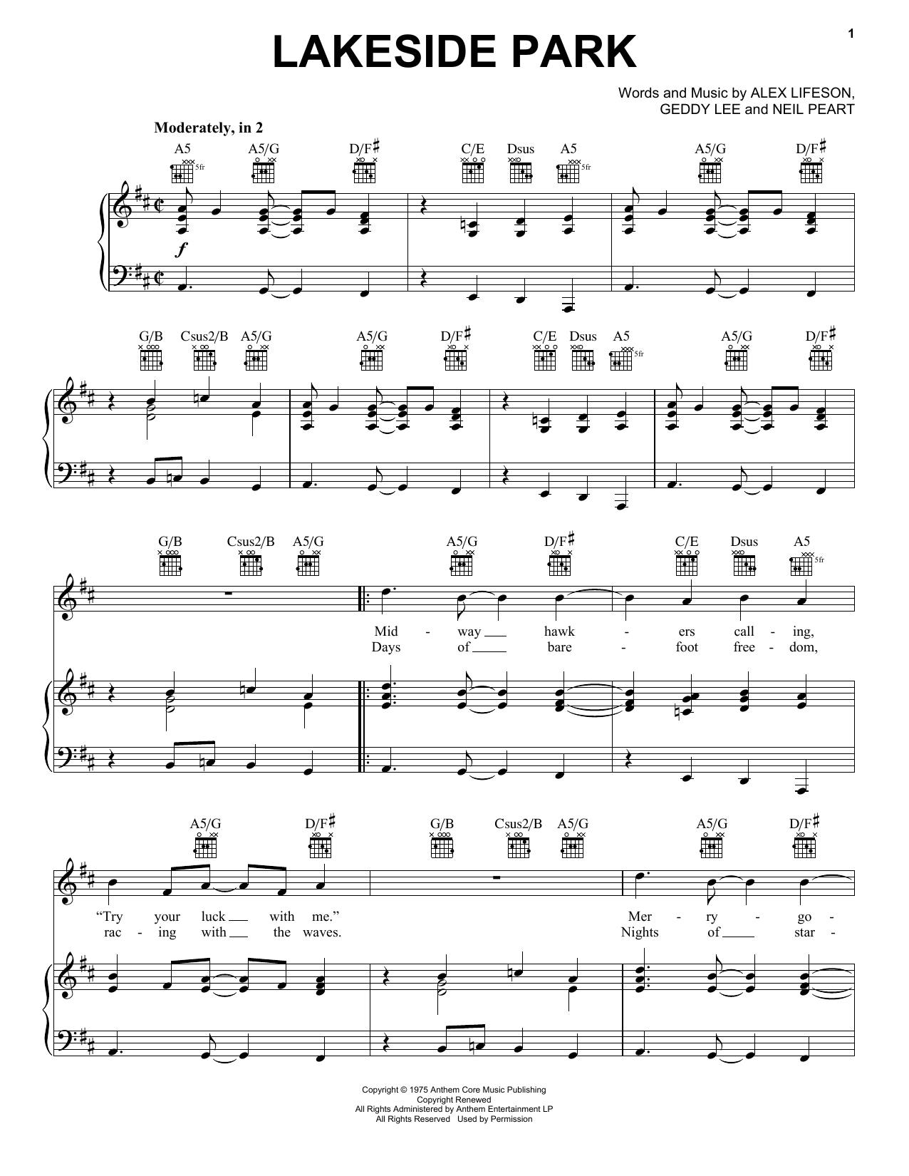 Rush Lakeside Park sheet music notes and chords arranged for Piano, Vocal & Guitar Chords (Right-Hand Melody)