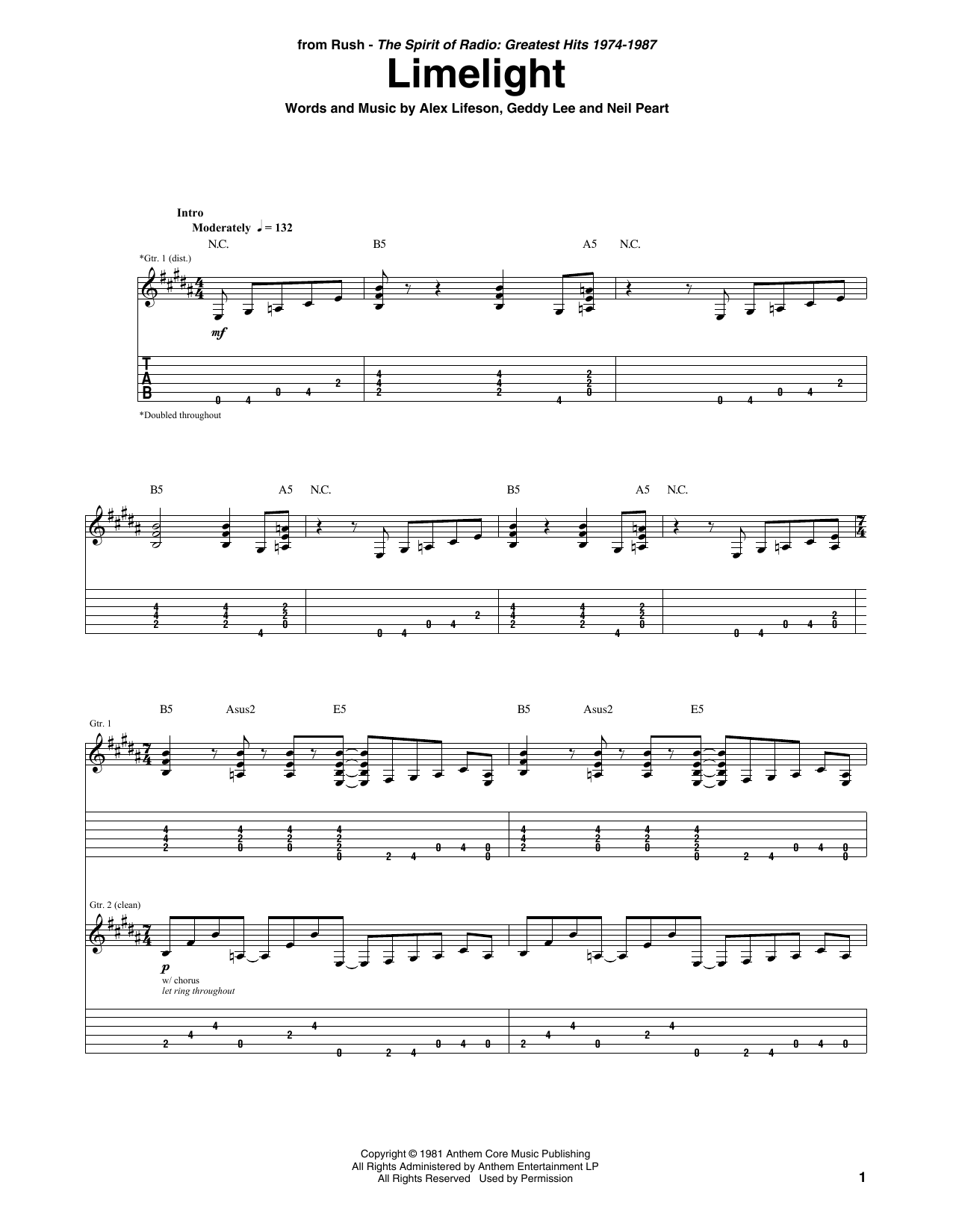 Rush Limelight sheet music notes and chords arranged for Bass Guitar Tab