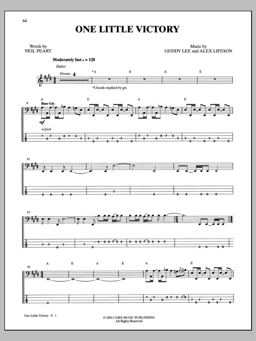 Rush One Little Victory sheet music notes and chords arranged for Transcribed Score