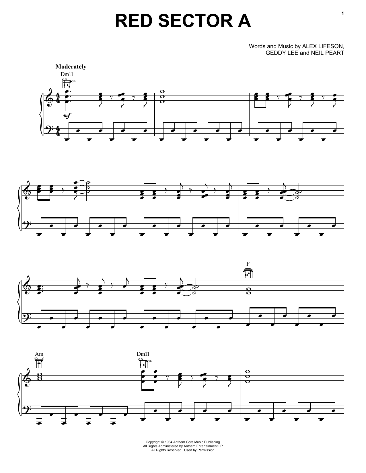 Rush Red Sector A sheet music notes and chords arranged for Piano, Vocal & Guitar Chords (Right-Hand Melody)