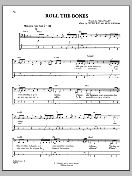 Rush Roll The Bones sheet music notes and chords arranged for Bass Guitar Tab