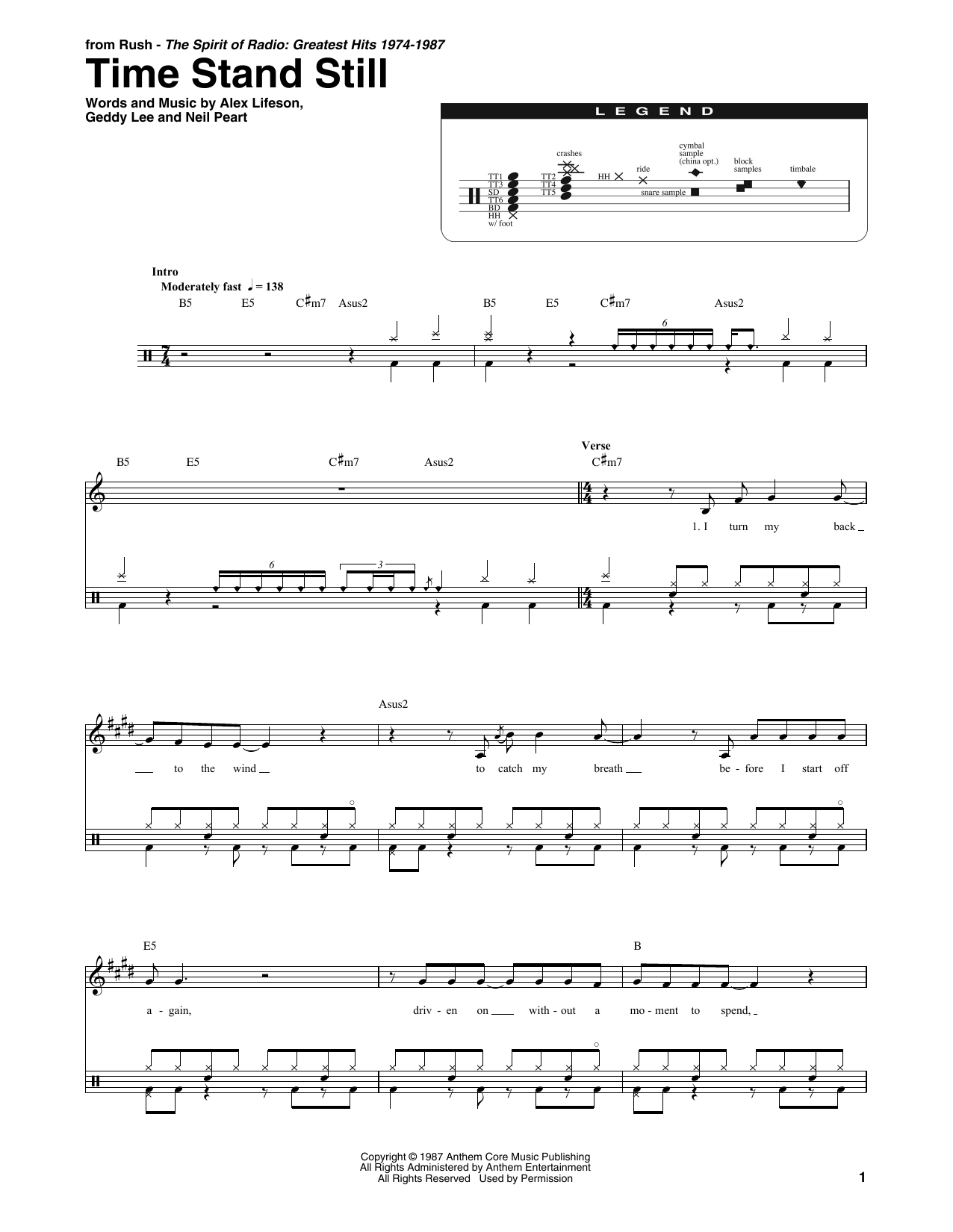 Rush Time Stand Still sheet music notes and chords arranged for Bass Guitar Tab