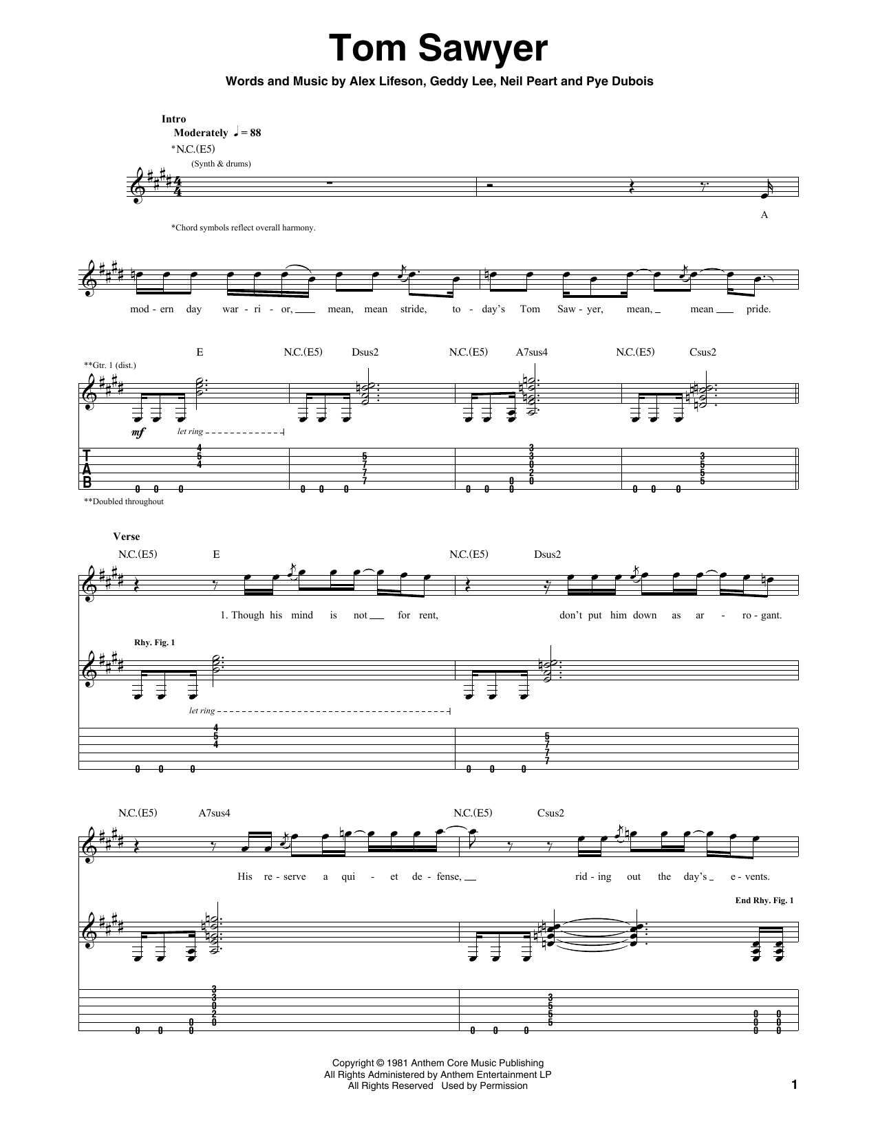 Rush Tom Sawyer sheet music notes and chords arranged for Bass Guitar Tab