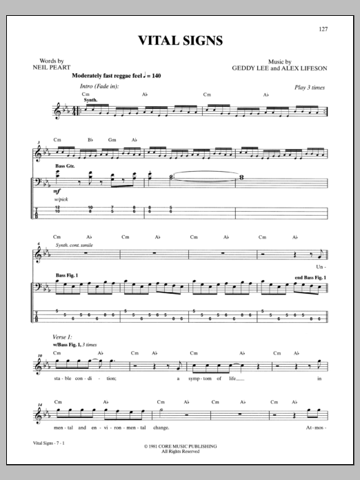 Rush Vital Signs sheet music notes and chords arranged for Bass Guitar Tab