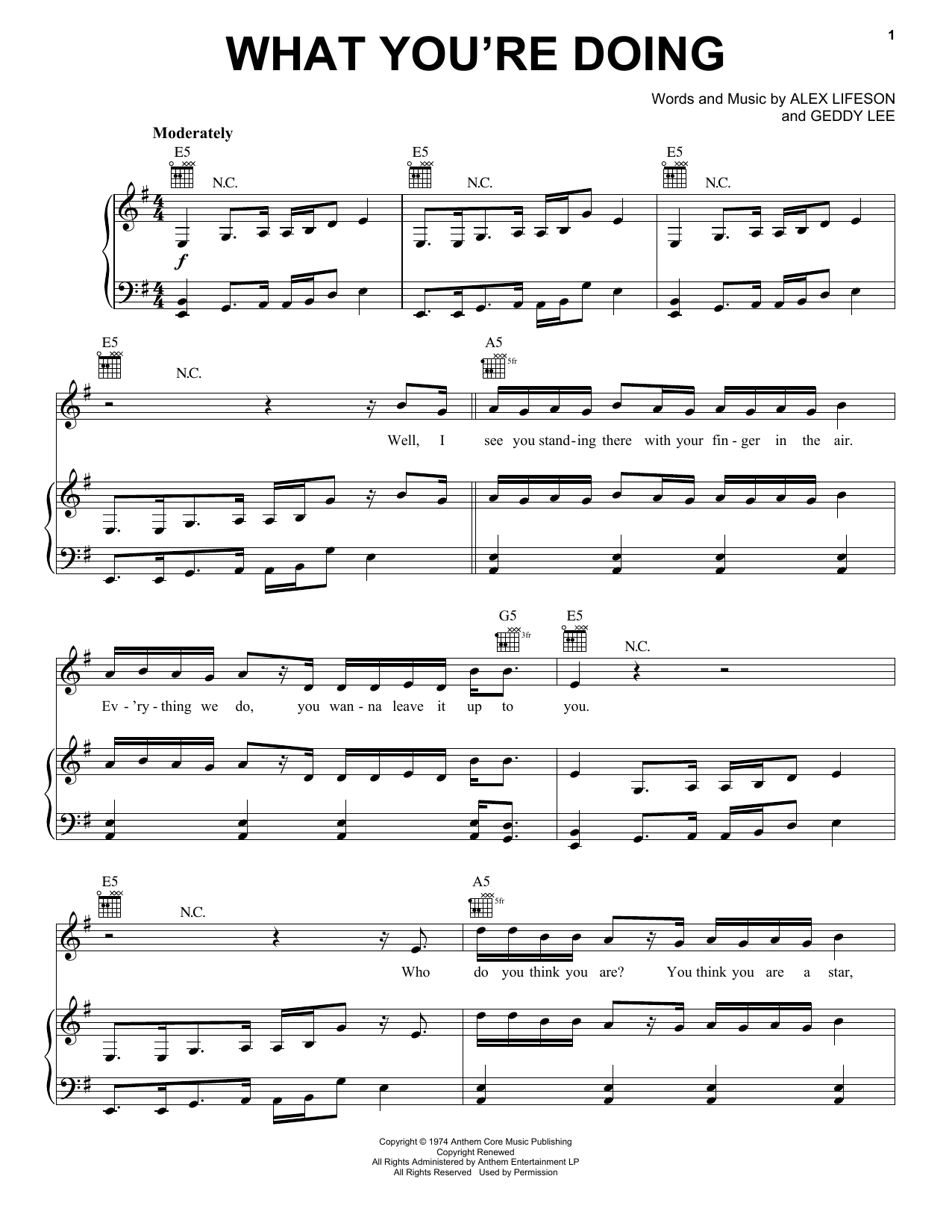 Rush What You're Doing sheet music notes and chords arranged for Piano, Vocal & Guitar Chords (Right-Hand Melody)