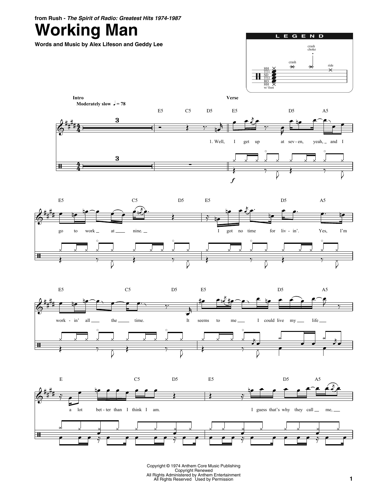 Rush Working Man sheet music notes and chords arranged for Really Easy Guitar