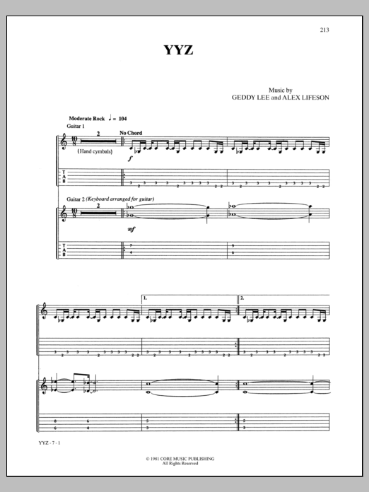 Rush YYZ sheet music notes and chords arranged for Easy Bass Tab