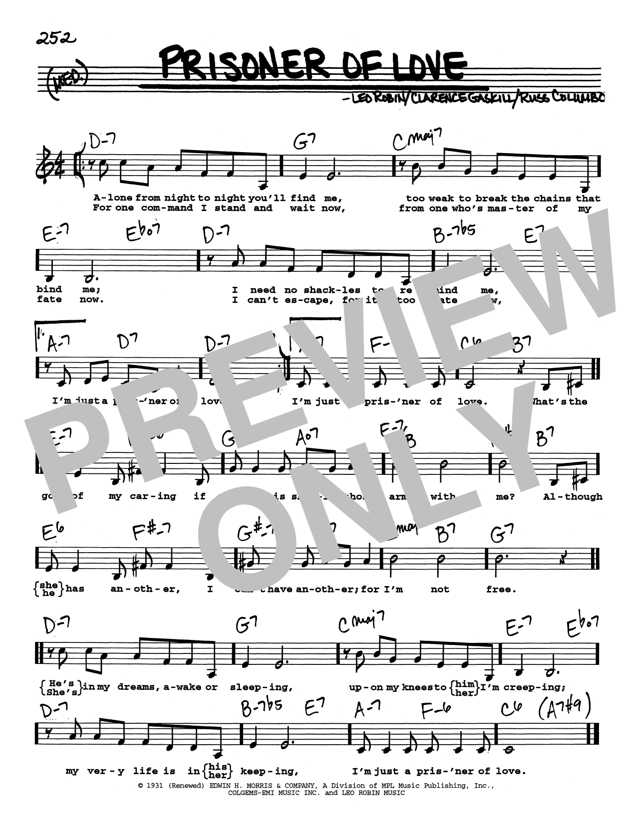 Russ Columbo Prisoner Of Love (Low Voice) sheet music notes and chords arranged for Real Book – Melody, Lyrics & Chords