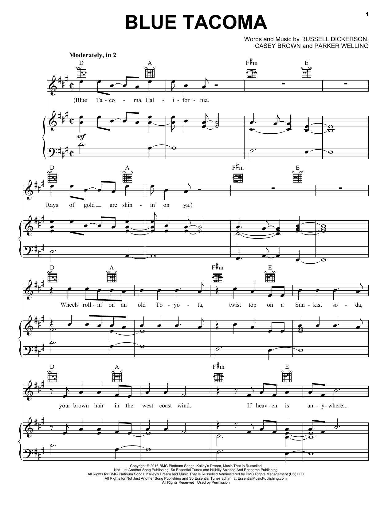 Russell Dickerson Blue Tacoma sheet music notes and chords arranged for Piano, Vocal & Guitar Chords (Right-Hand Melody)
