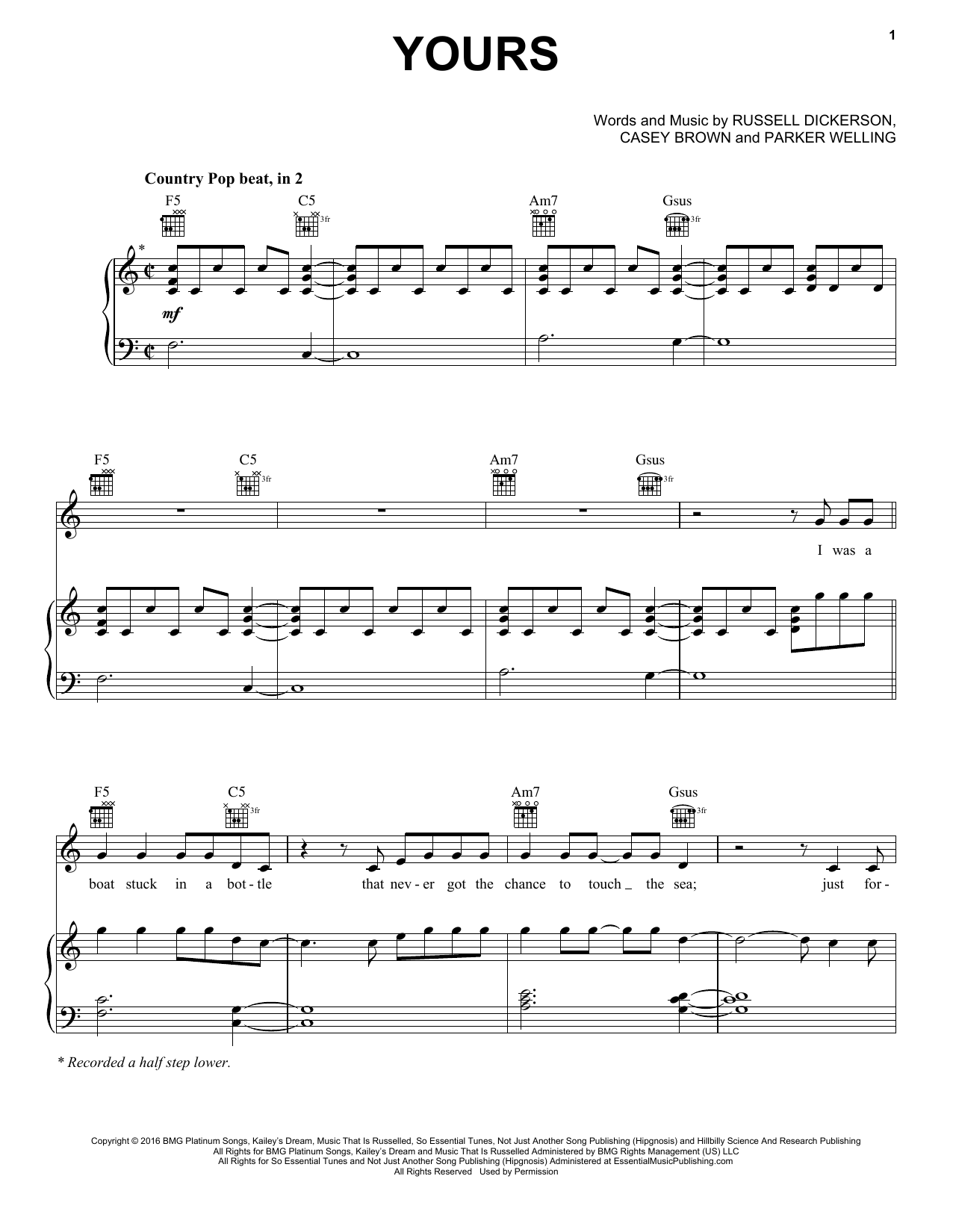 Russell Dickerson Yours sheet music notes and chords arranged for Piano, Vocal & Guitar Chords (Right-Hand Melody)
